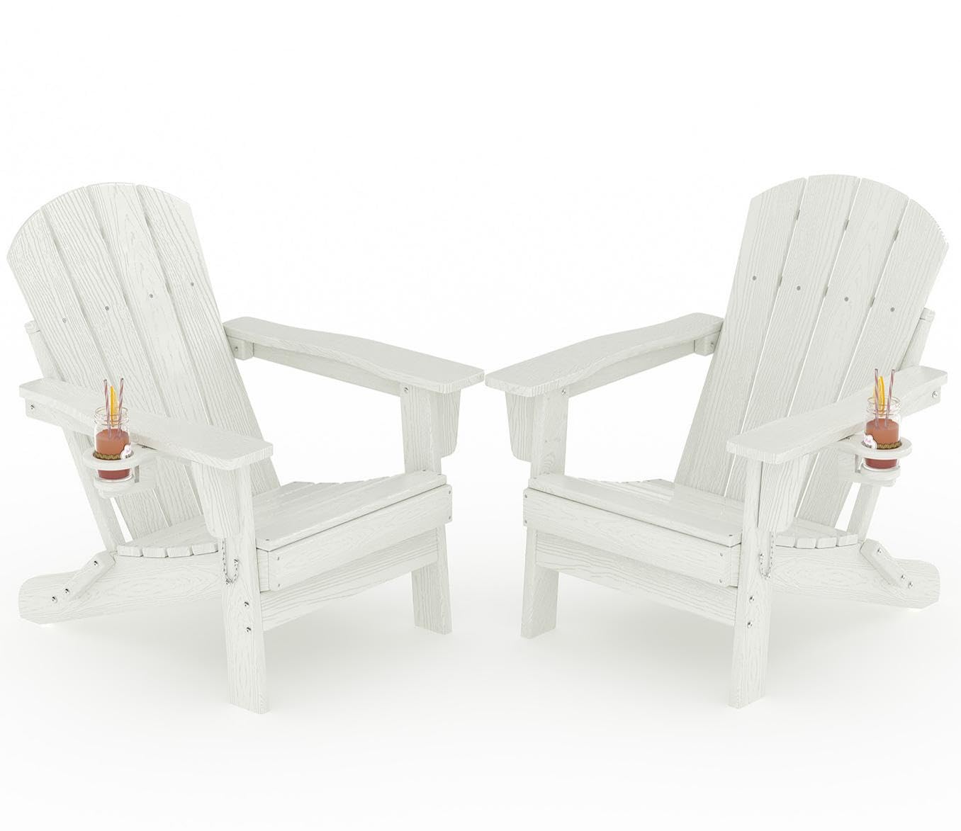 GarveeLife Folding Adirondack Chair Set of 2, All-Weather HDPE Outdoor Chair, Wooden Textured with Cup Holder for patios, Decks, Gardens, fire pits, Navy Blue