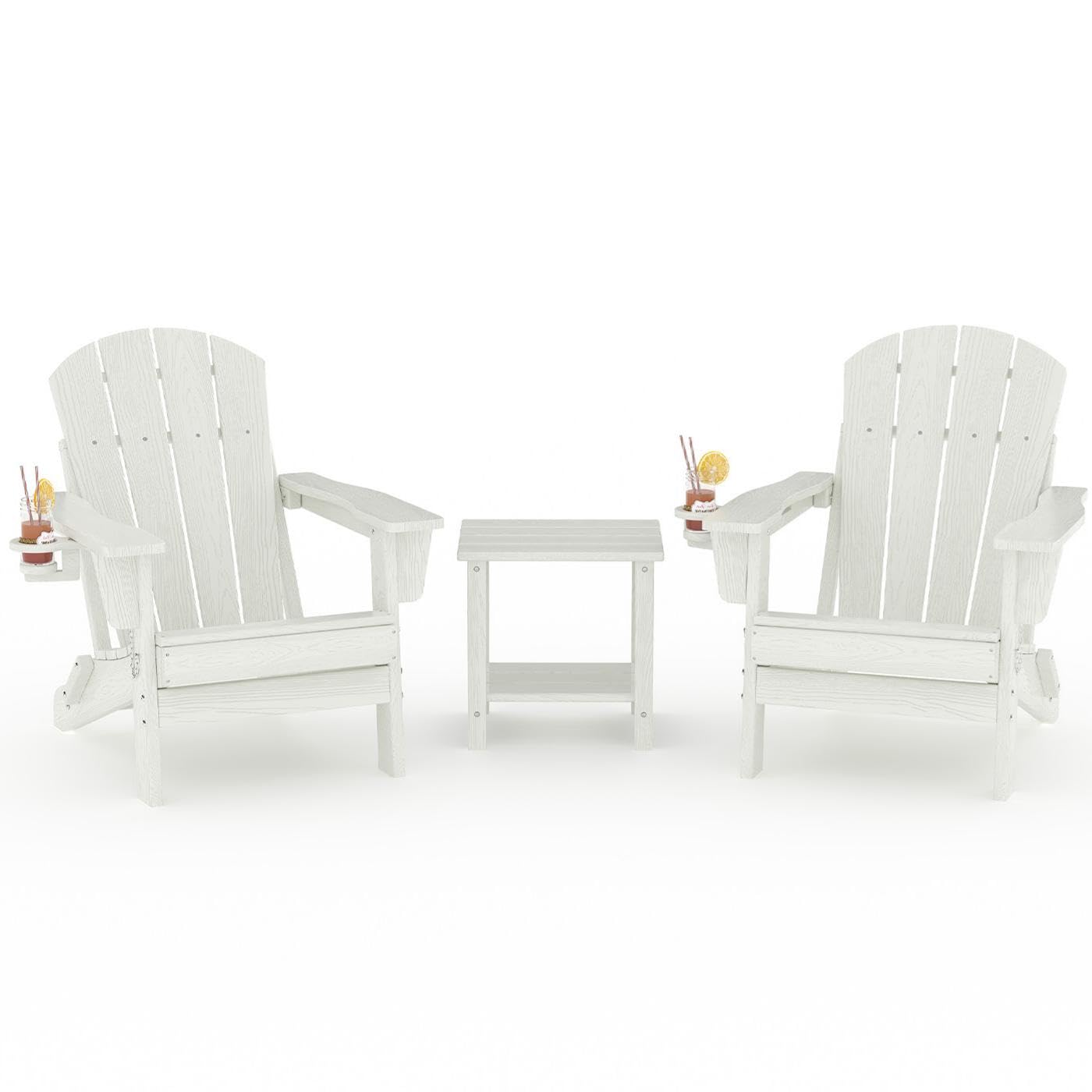 GarveeLife Folding Adirondack Chair Set of 2, All-Weather HDPE Outdoor Chair, Wooden Textured with Cup Holder for patios, Decks, Gardens, fire pits, Navy Blue