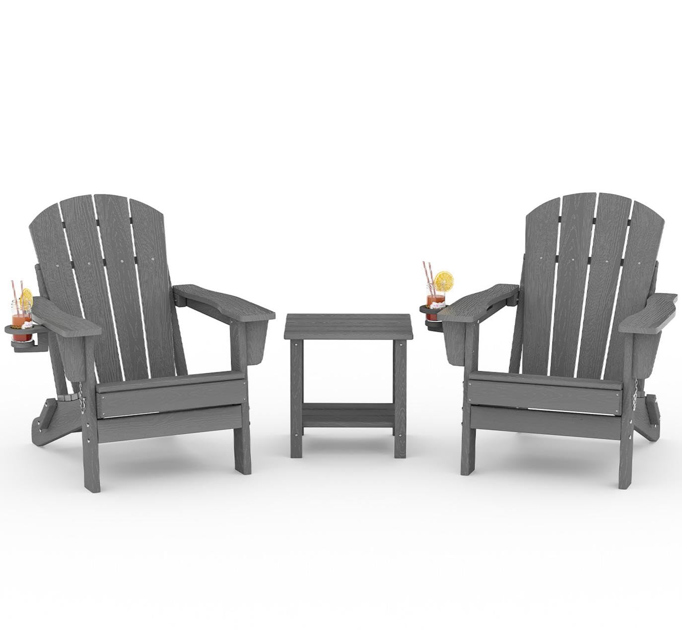 GarveeLife Folding Adirondack Chair Set of 2, All-Weather HDPE Outdoor Chair, Wooden Textured with Cup Holder for patios, Decks, Gardens, fire pits, Navy Blue