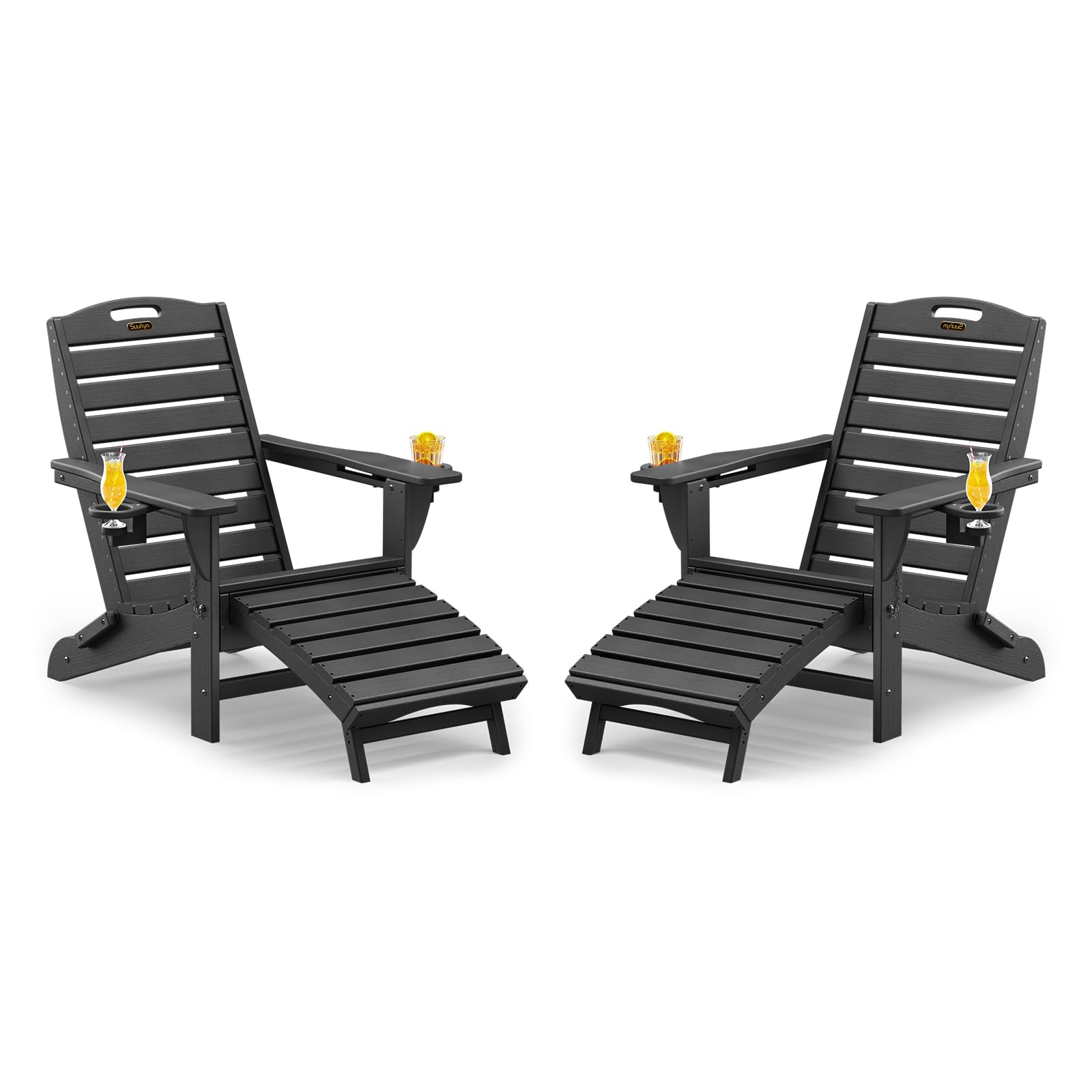 Folding Adirondack Chair with Retractable Ottoman, Weather Resistant Fire Pit Chair Patio Chair with 2 Cup Holder Lawn Outdoor Lounge Chair (Grey)