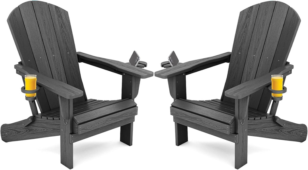 SERWALL Foldable Adirondack Chair Set of 2, HDPE Adirondack Chair with Wood-Texture-Gray