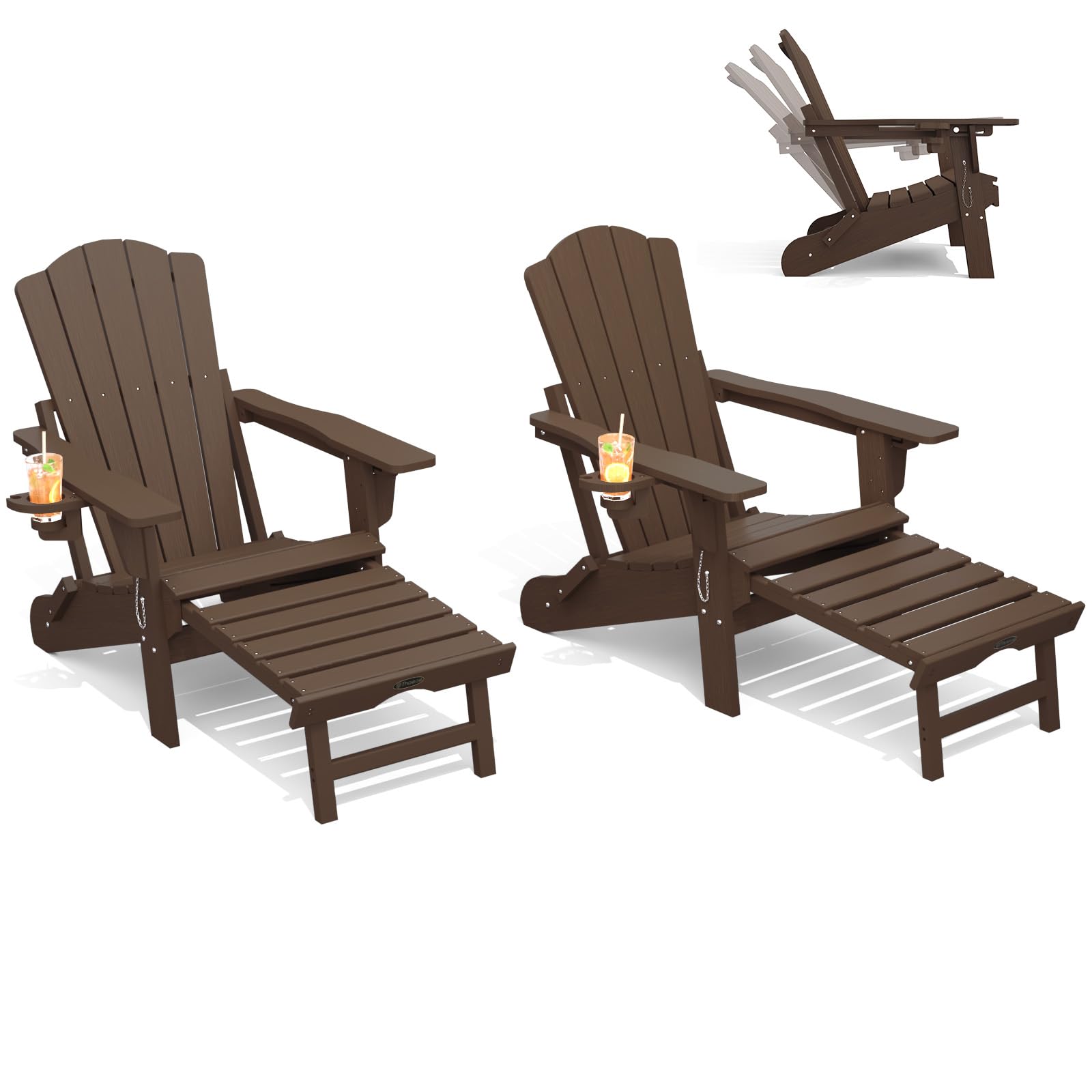 THOEOE Adjustable Adirondack Chair with Retractable Ottoman, HDEP Folding Adirondack Chairs with Footrest 2-in-1 Cup Holder, All Weather Outoor Fire Pit Chair with Foot Rest Set 1 Black