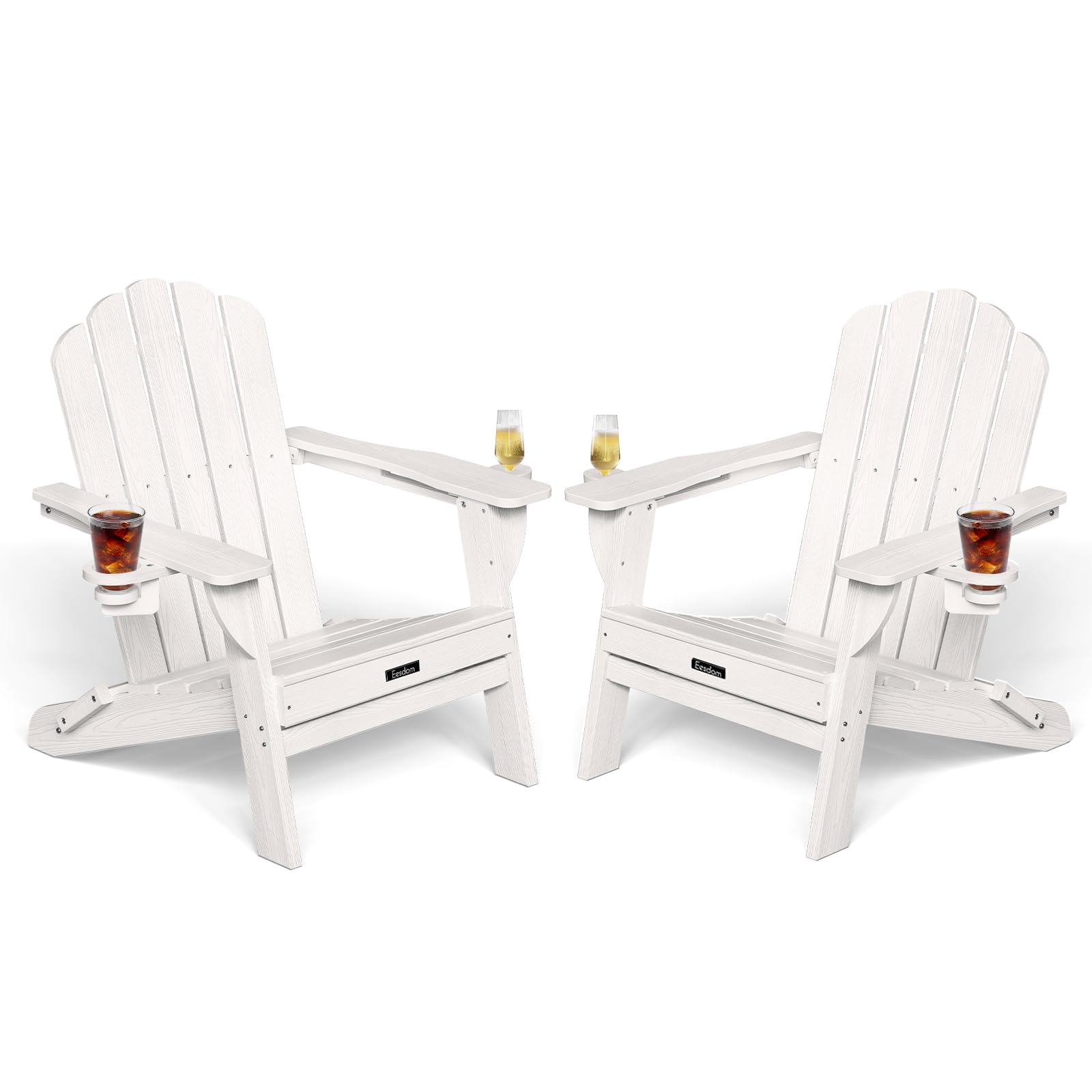 Folding Adirondack Chair,All-Weather HDPE Fire Pit Chair with 2 Cup Holders, Plastic Outdoor Chair for Patio Deck Garden Lawn, Black