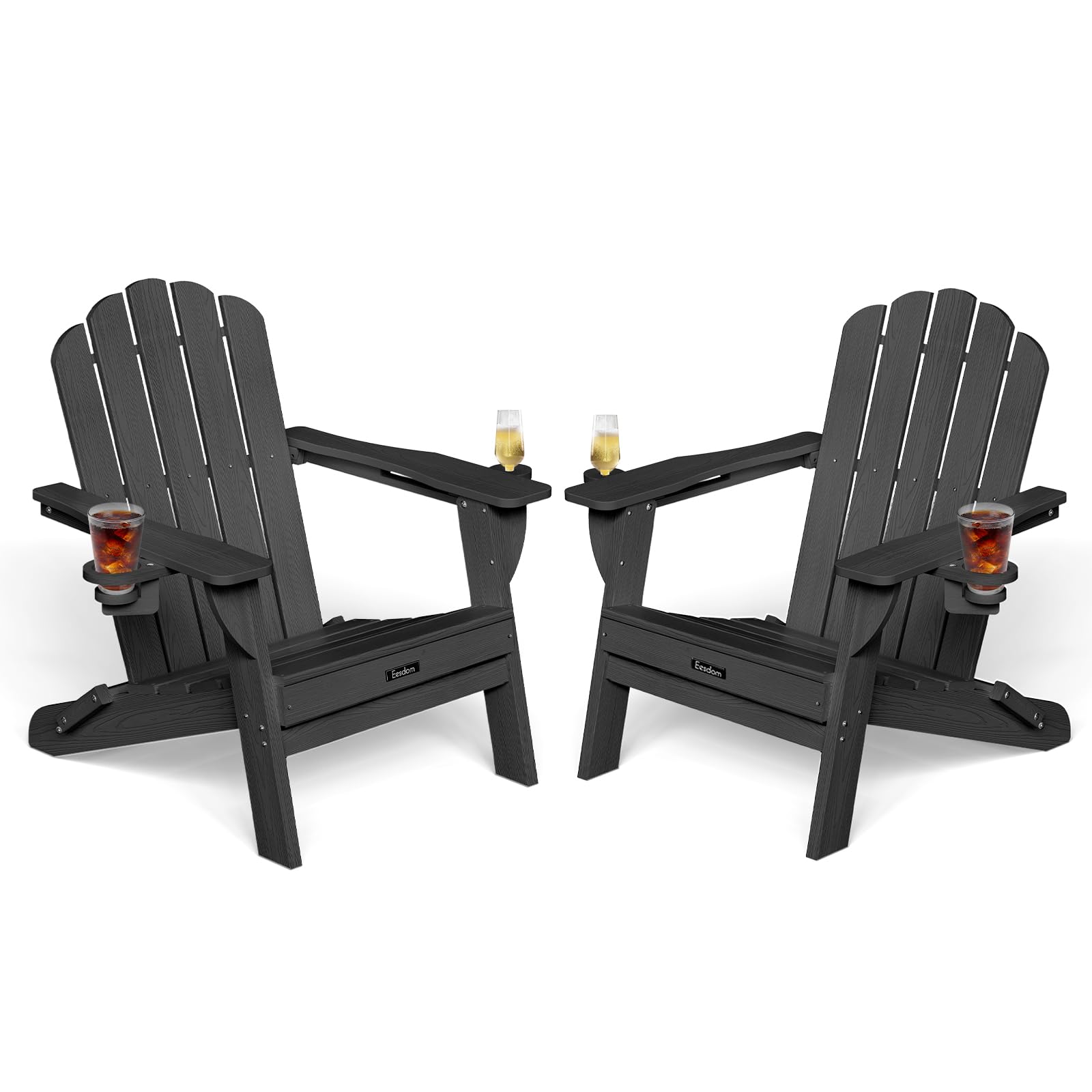 Folding Adirondack Chair,All-Weather HDPE Fire Pit Chair with 2 Cup Holders, Plastic Outdoor Chair for Patio Deck Garden Lawn, Black