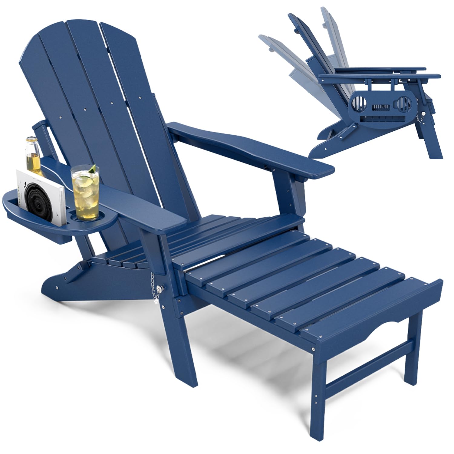 NAVINE Adjustable Adirondack Chair with Retractable Ottoman Set of 2, HDPE Folding Adirondack Chair with Cup Holder, All Weather Fire Pit Chair for Outdoor.