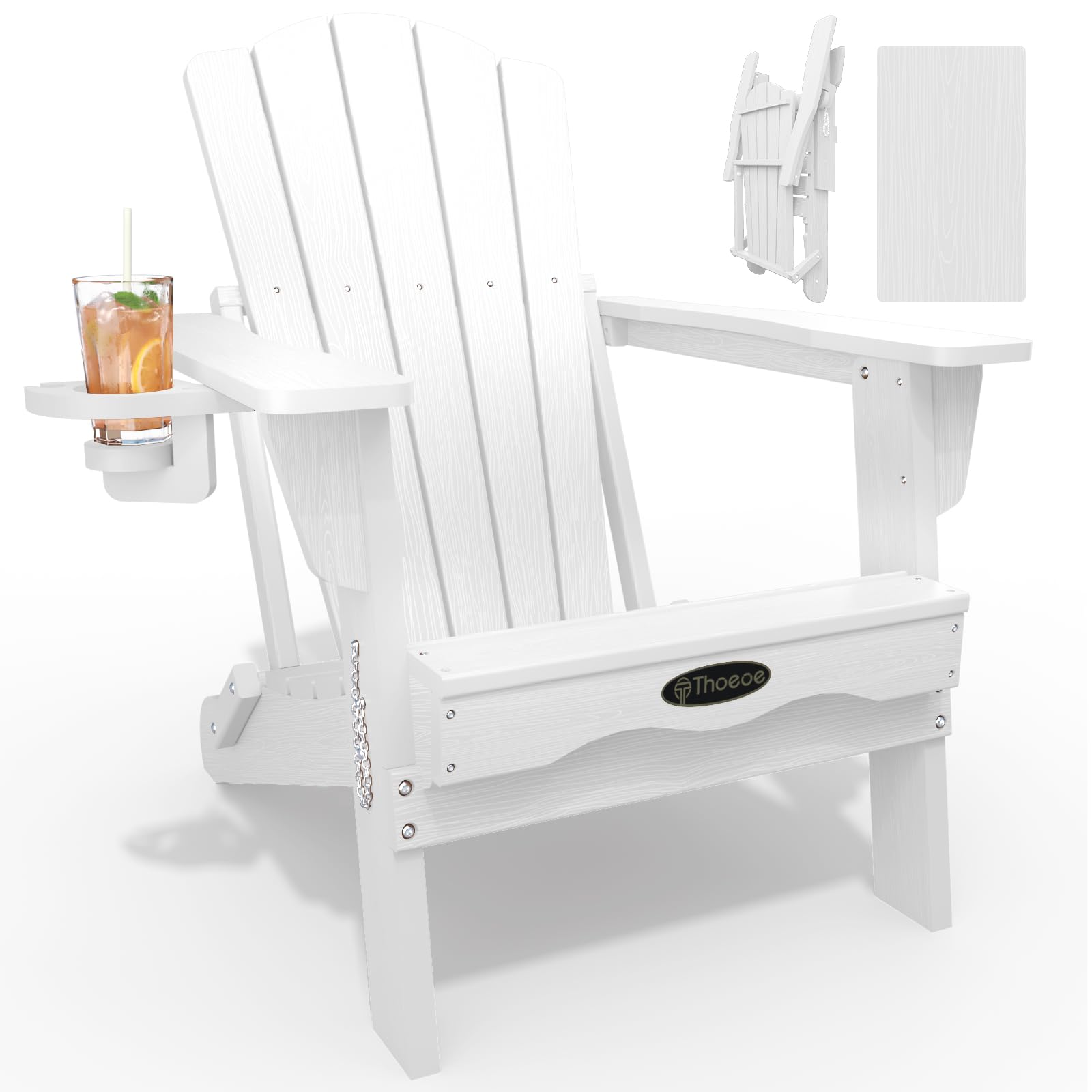 THOEOE Folding Adirondack Chair,HDPE All-Weather Outdoor Chair with Cup Holder,Wooden Textured,Fire Pit Chair,Plastic Patio Chair for Deck,Backyard,Garden,Lawn, Black