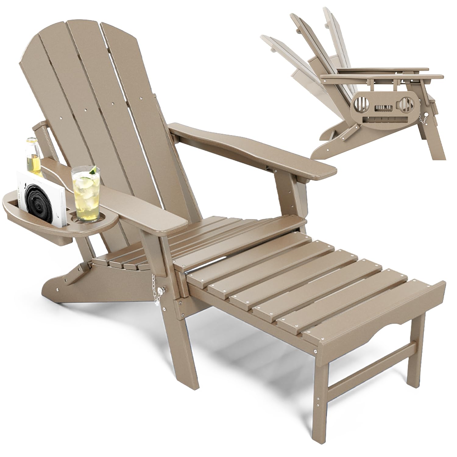 NAVINE Adjustable Adirondack Chair with Retractable Ottoman Set of 2, HDPE Folding Adirondack Chair with Cup Holder, All Weather Fire Pit Chair for Outdoor.