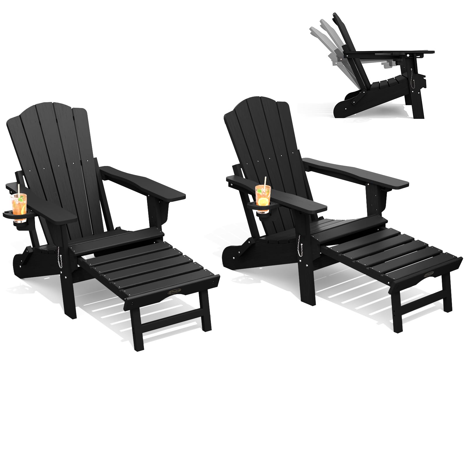THOEOE Adjustable Adirondack Chair with Retractable Ottoman, HDEP Folding Adirondack Chairs with Footrest 2-in-1 Cup Holder, All Weather Outoor Fire Pit Chair with Foot Rest Set 1 Black