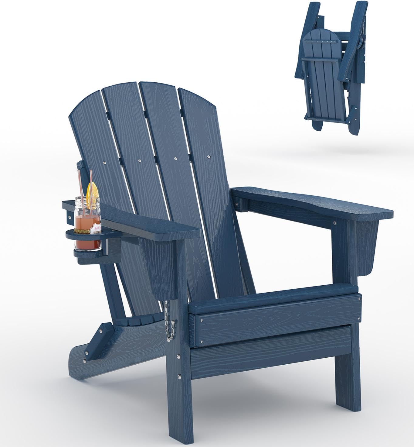 GarveeLife Folding Adirondack Chair Set of 2, All-Weather HDPE Outdoor Chair, Wooden Textured with Cup Holder for patios, Decks, Gardens, fire pits, Navy Blue