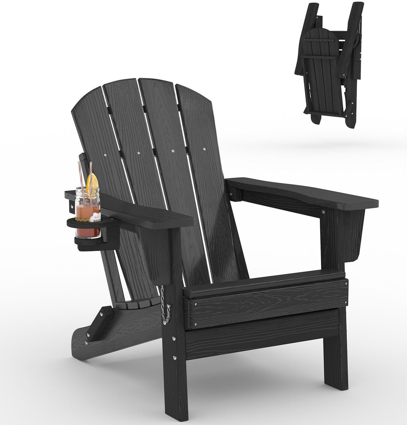 GarveeLife Folding Adirondack Chair Set of 2, All-Weather HDPE Outdoor Chair, Wooden Textured with Cup Holder for patios, Decks, Gardens, fire pits, Navy Blue