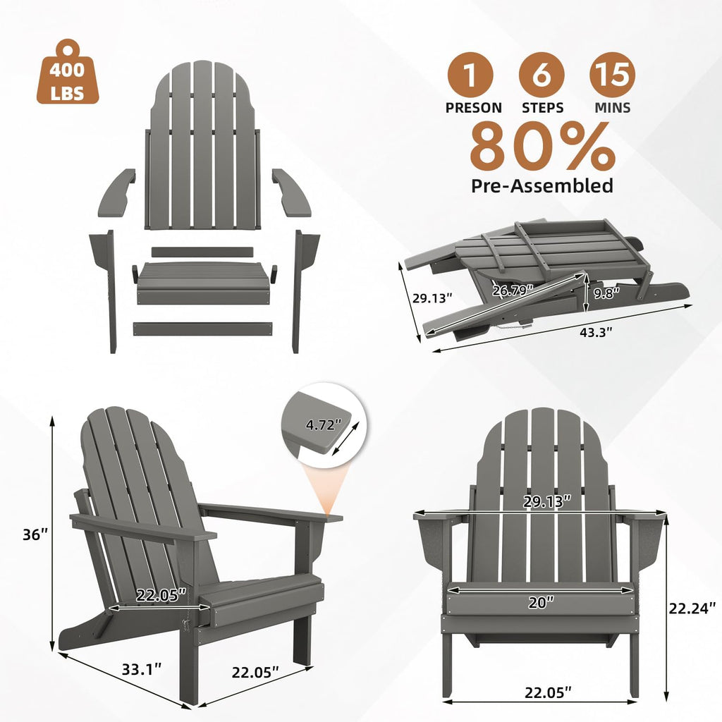 Oversized Folding Adirondack Chairs Set of 4, HDPE All-Weather Outdoor Chairs Easy to Store Fire Pit Chairs for Patio, Lawn, Poolside, Garden, Backyard, Deck- Gray