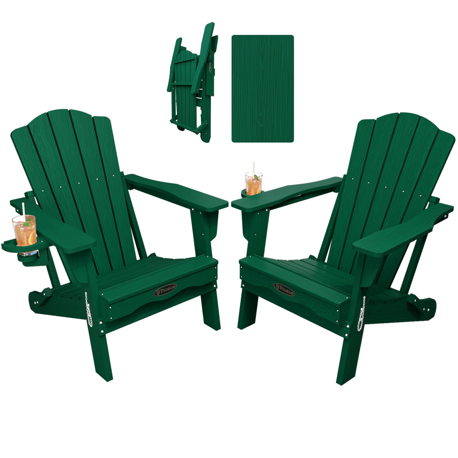 THOEOE Folding Adirondack Chair,HDPE All-Weather Outdoor Chair with Cup Holder,Wooden Textured,Fire Pit Chair,Plastic Patio Chair for Deck,Backyard,Garden,Lawn, Black