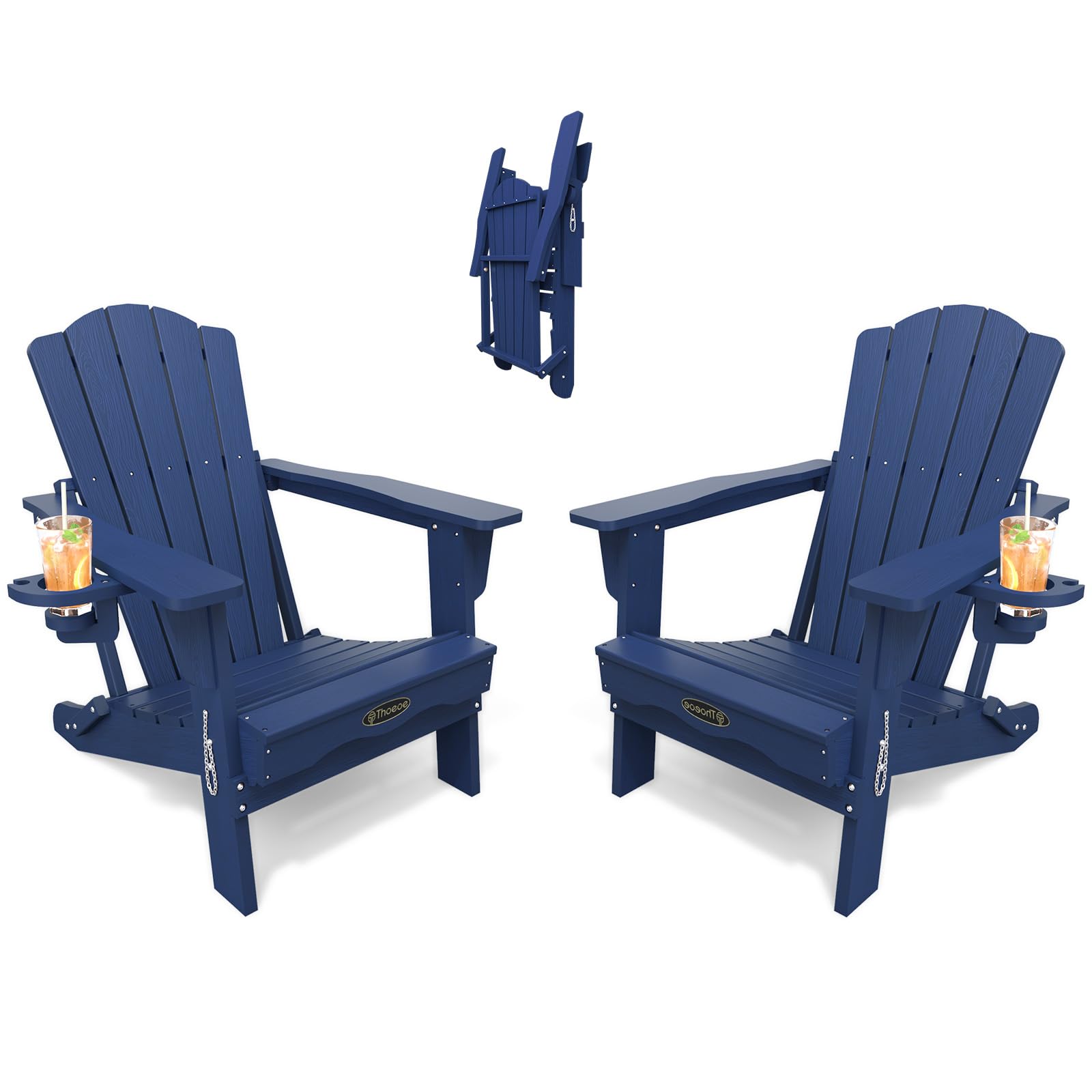 THOEOE Folding Adirondack Chair,HDPE All-Weather Outdoor Chair with Cup Holder,Wooden Textured,Fire Pit Chair,Plastic Patio Chair for Deck,Backyard,Garden,Lawn, Black
