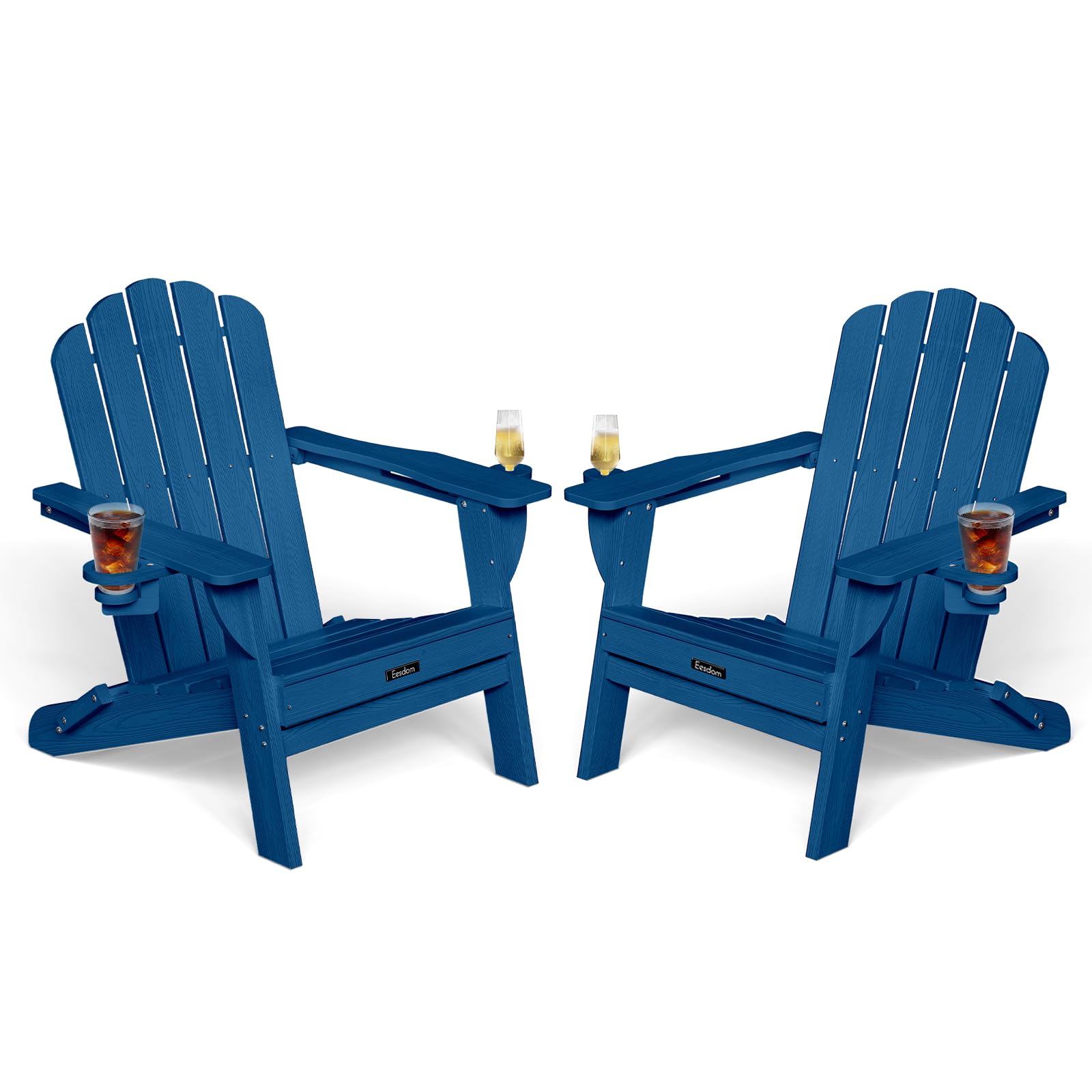 Folding Adirondack Chair,All-Weather HDPE Fire Pit Chair with 2 Cup Holders, Plastic Outdoor Chair for Patio Deck Garden Lawn, Black
