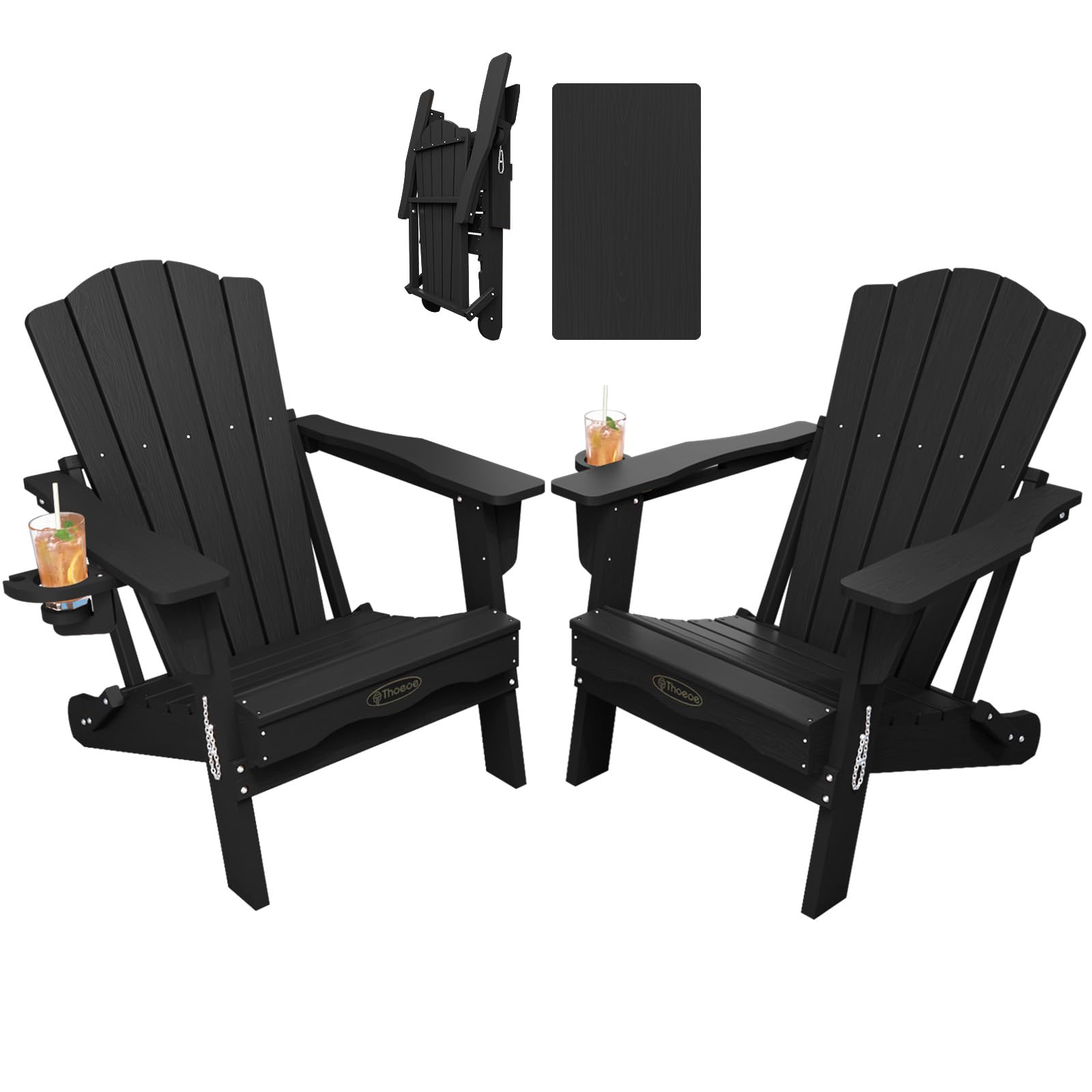 THOEOE Folding Adirondack Chair,HDPE All-Weather Outdoor Chair with Cup Holder,Wooden Textured,Fire Pit Chair,Plastic Patio Chair for Deck,Backyard,Garden,Lawn, Black