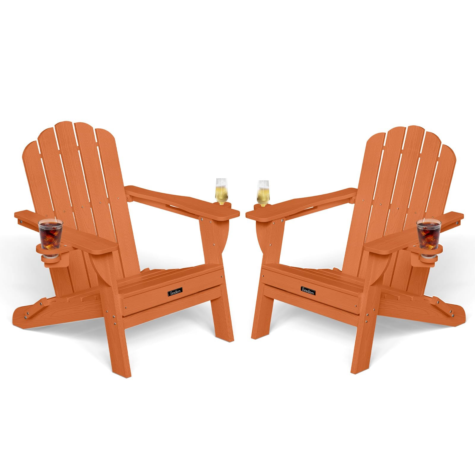Folding Adirondack Chair,All-Weather HDPE Fire Pit Chair with 2 Cup Holders, Plastic Outdoor Chair for Patio Deck Garden Lawn, Black