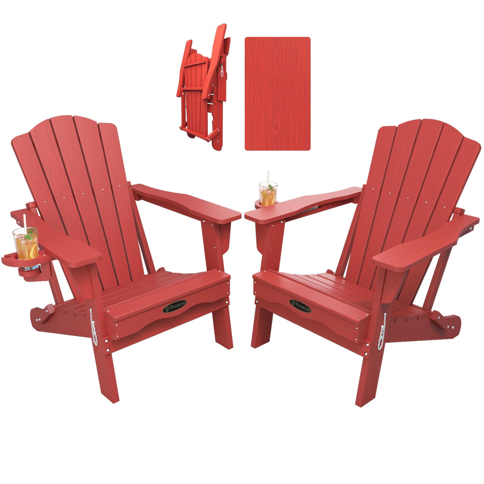 THOEOE Folding Adirondack Chair,HDPE All-Weather Outdoor Chair with Cup Holder,Wooden Textured,Fire Pit Chair,Plastic Patio Chair for Deck,Backyard,Garden,Lawn, Black