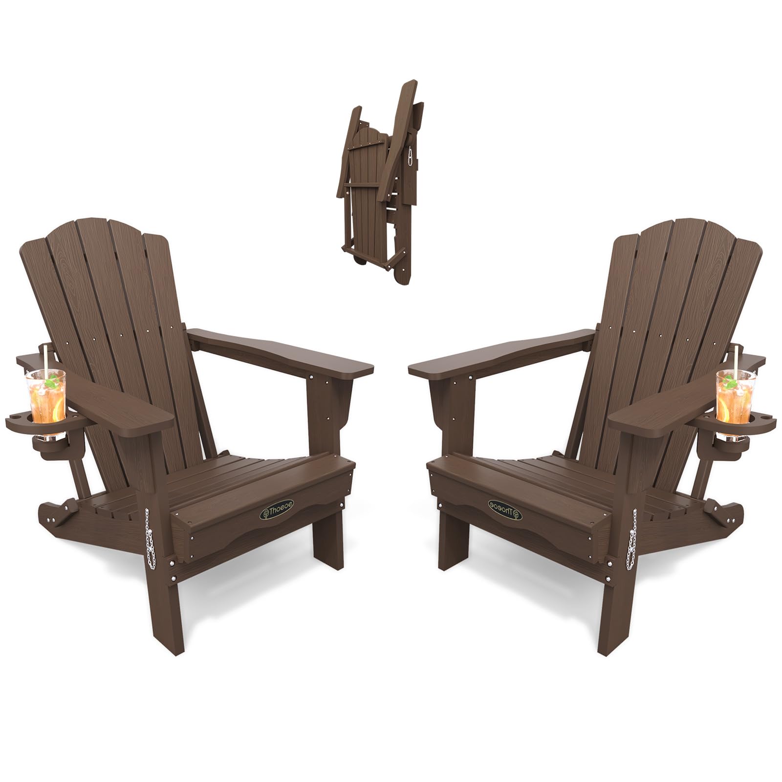 THOEOE Folding Adirondack Chair,HDPE All-Weather Outdoor Chair with Cup Holder,Wooden Textured,Fire Pit Chair,Plastic Patio Chair for Deck,Backyard,Garden,Lawn, Black