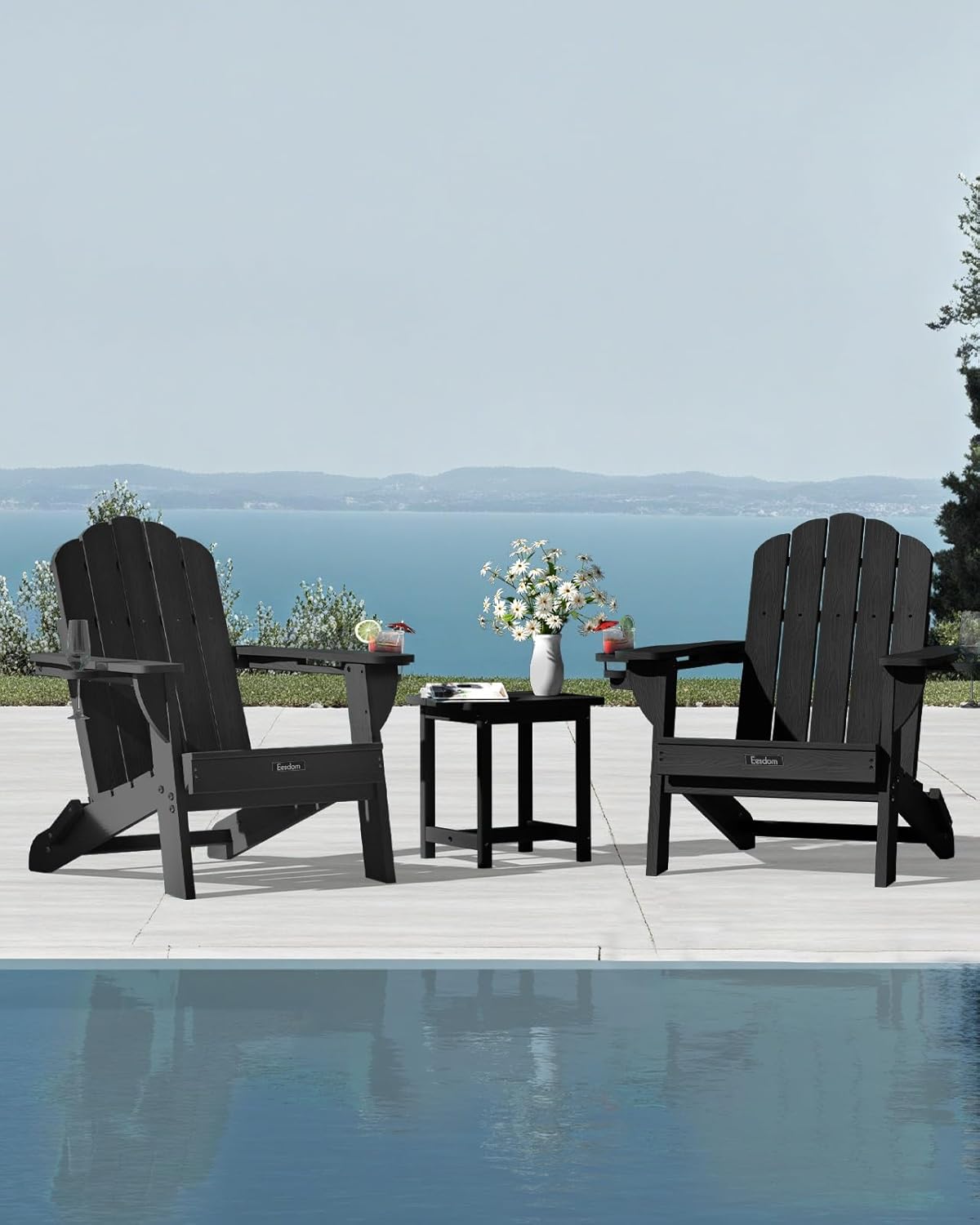 Folding Adirondack Chair,All-Weather HDPE Fire Pit Chair with 2 Cup Holders, Plastic Outdoor Chair for Patio Deck Garden Lawn, Black