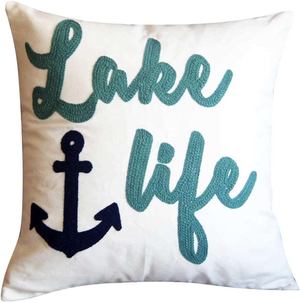 Embroidered Lake Life Throw Pillow Cover,Square 18 inches Decorative Canvas Pillow Cover with Lake Life Pattern,Cover Only
