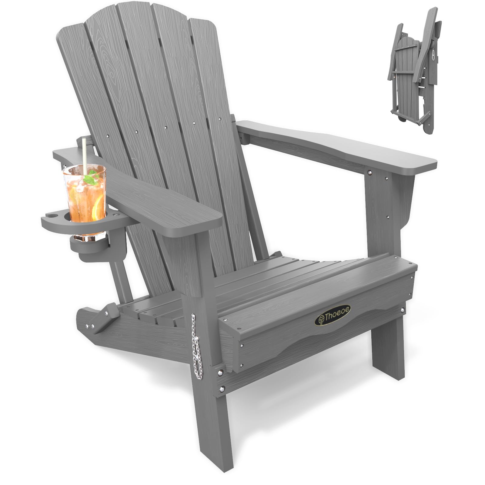 THOEOE Folding Adirondack Chair,HDPE All-Weather Outdoor Chair with Cup Holder,Wooden Textured,Fire Pit Chair,Plastic Patio Chair for Deck,Backyard,Garden,Lawn, Black