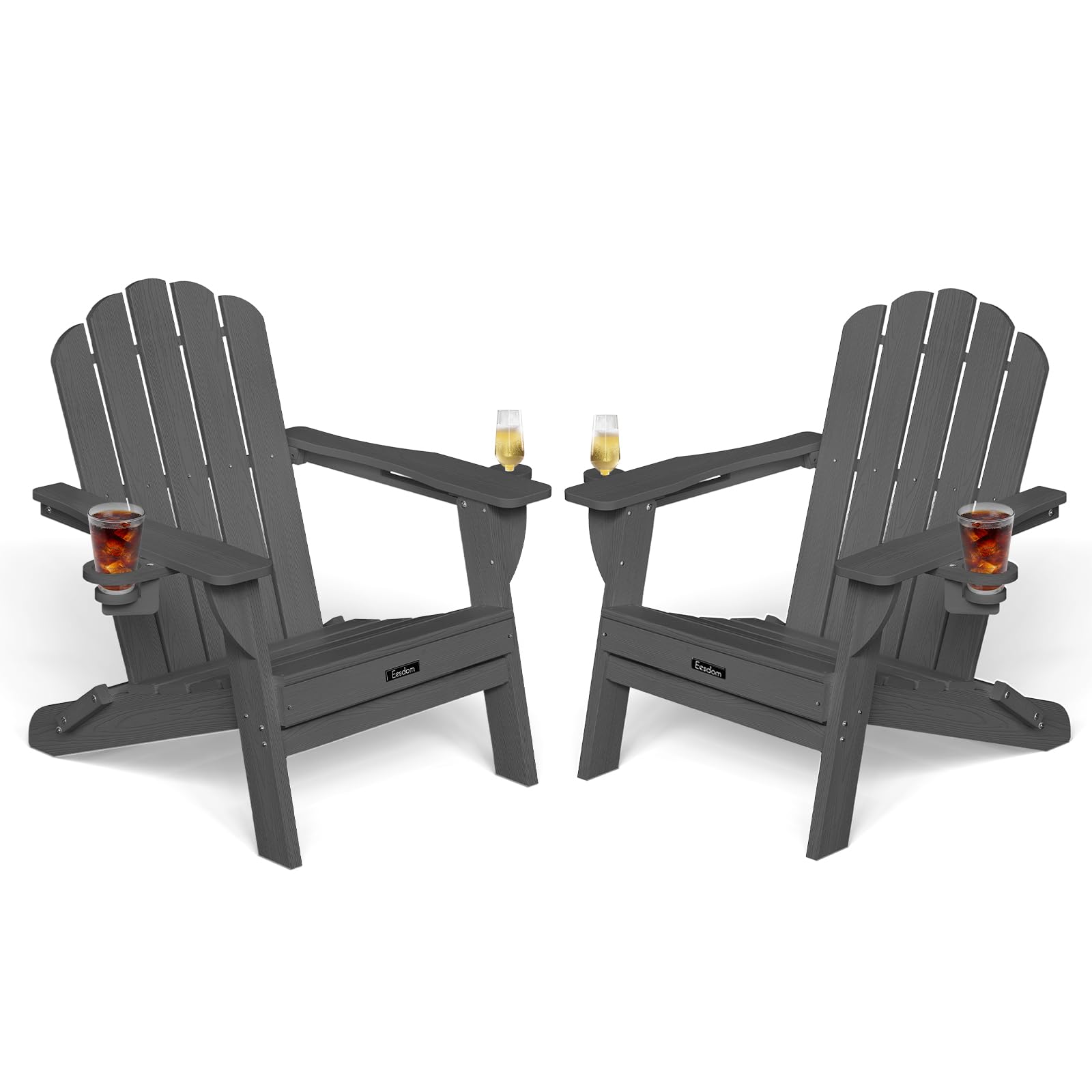 Folding Adirondack Chair,All-Weather HDPE Fire Pit Chair with 2 Cup Holders, Plastic Outdoor Chair for Patio Deck Garden Lawn, Black