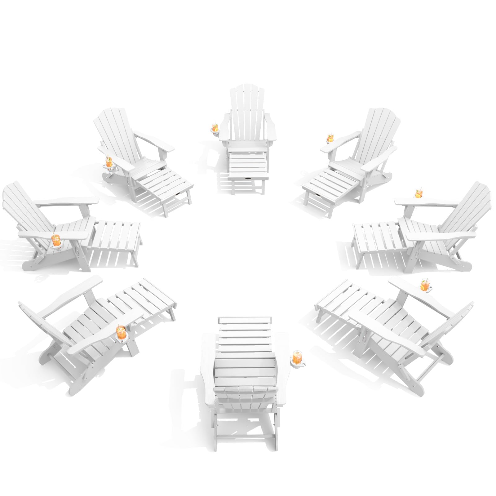 THOEOE Adjustable Adirondack Chair with Retractable Ottoman, HDEP Folding Adirondack Chairs with Footrest 2-in-1 Cup Holder, All Weather Outoor Fire Pit Chair with Foot Rest Set 1 Black