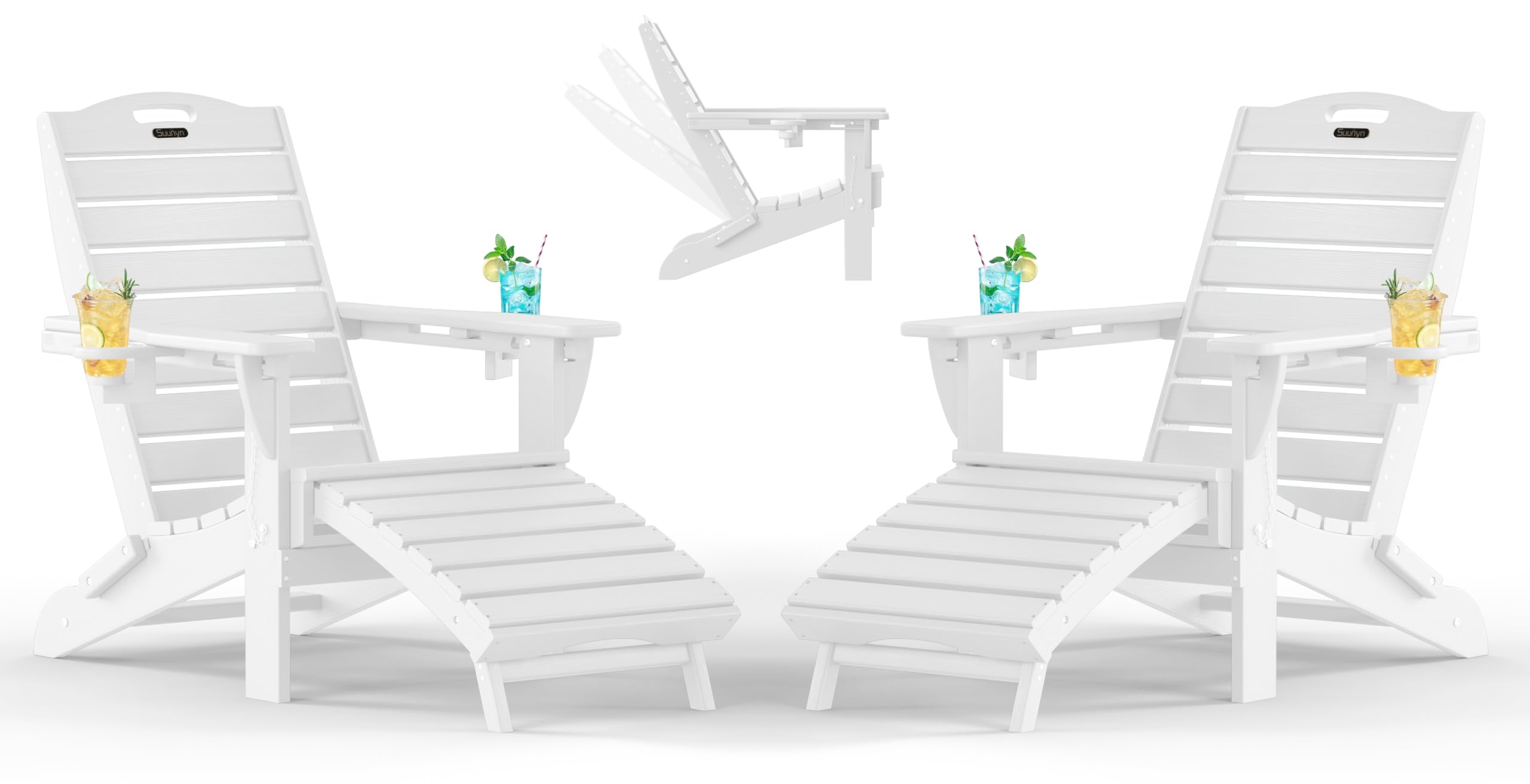 Folding Adirondack Chair with Retractable Ottoman, Weather Resistant Fire Pit Chair Patio Chair with 2 Cup Holder Lawn Outdoor Lounge Chair (Grey)