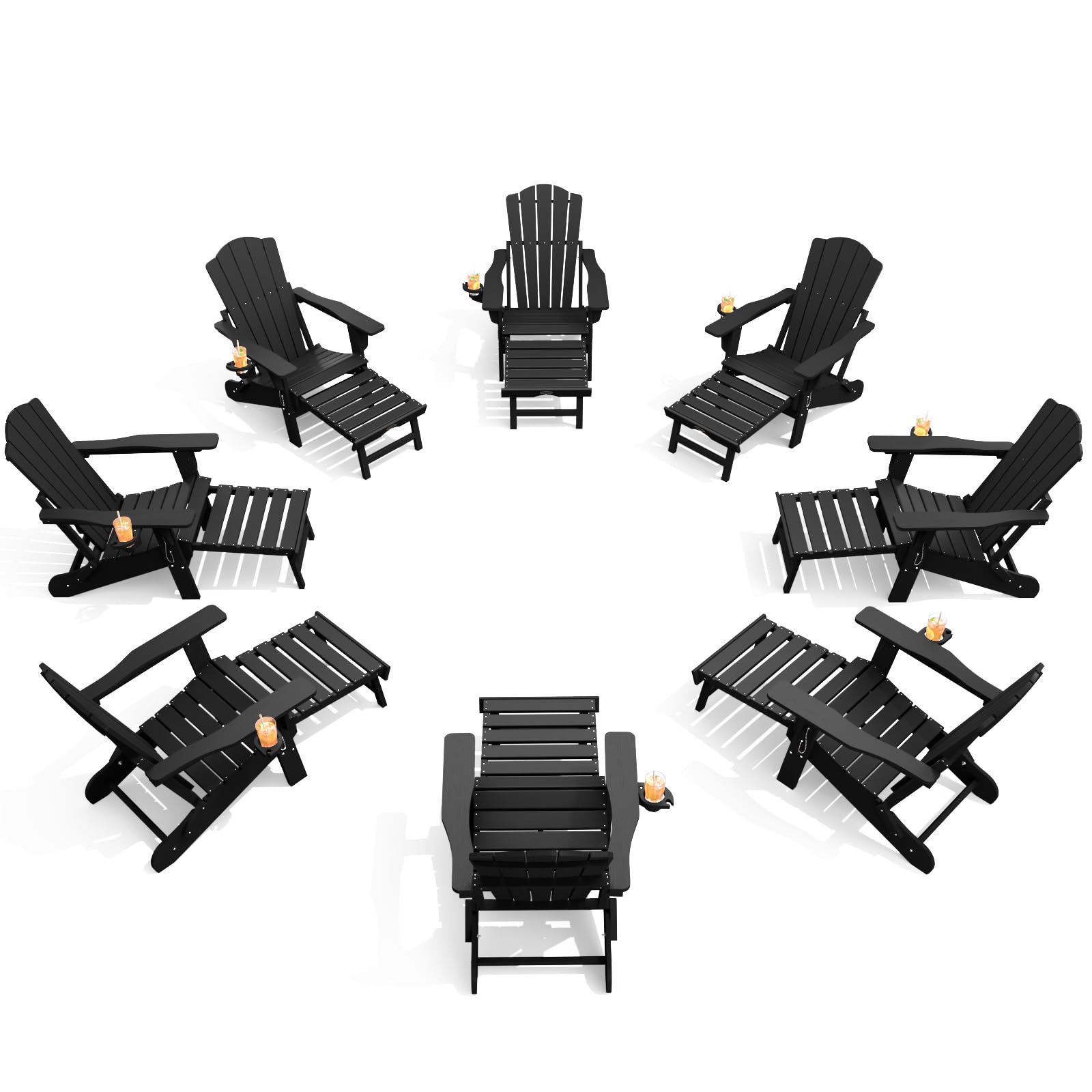 THOEOE Adjustable Adirondack Chair with Retractable Ottoman, HDEP Folding Adirondack Chairs with Footrest 2-in-1 Cup Holder, All Weather Outoor Fire Pit Chair with Foot Rest Set 1 Black