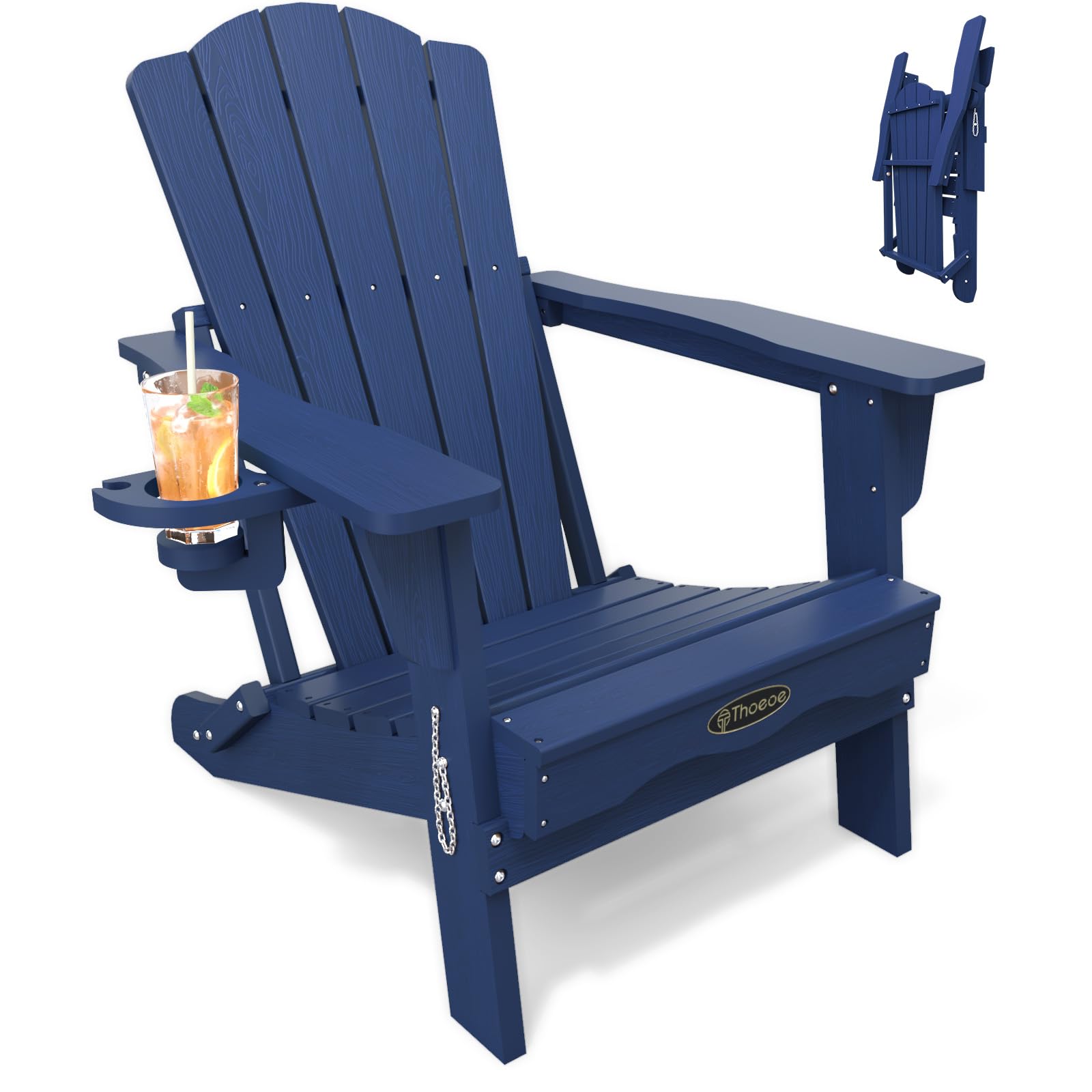 THOEOE Folding Adirondack Chair,HDPE All-Weather Outdoor Chair with Cup Holder,Wooden Textured,Fire Pit Chair,Plastic Patio Chair for Deck,Backyard,Garden,Lawn, Black