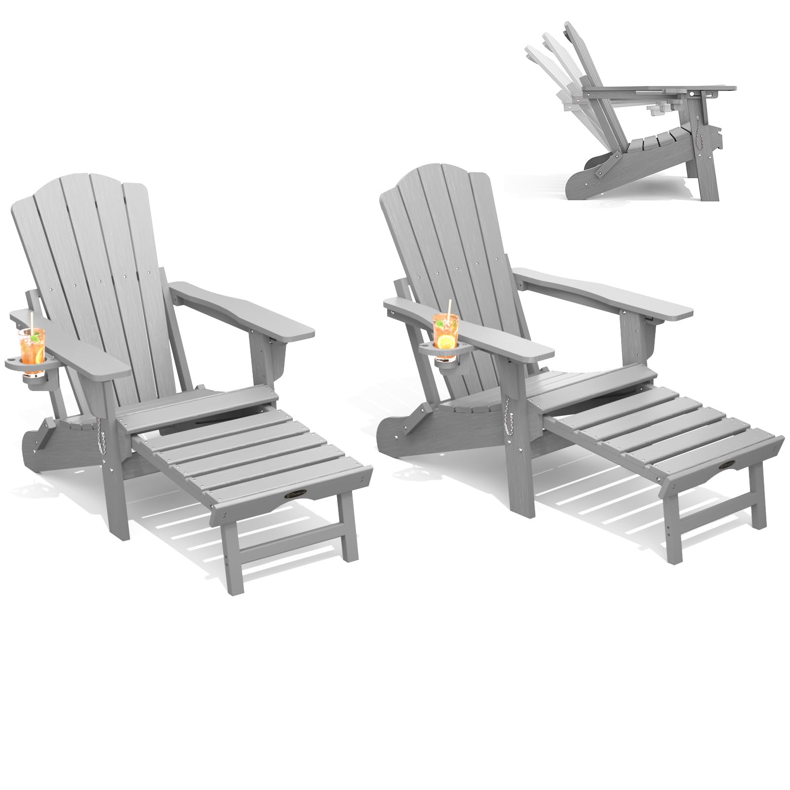 THOEOE Adjustable Adirondack Chair with Retractable Ottoman, HDEP Folding Adirondack Chairs with Footrest 2-in-1 Cup Holder, All Weather Outoor Fire Pit Chair with Foot Rest Set 1 Black