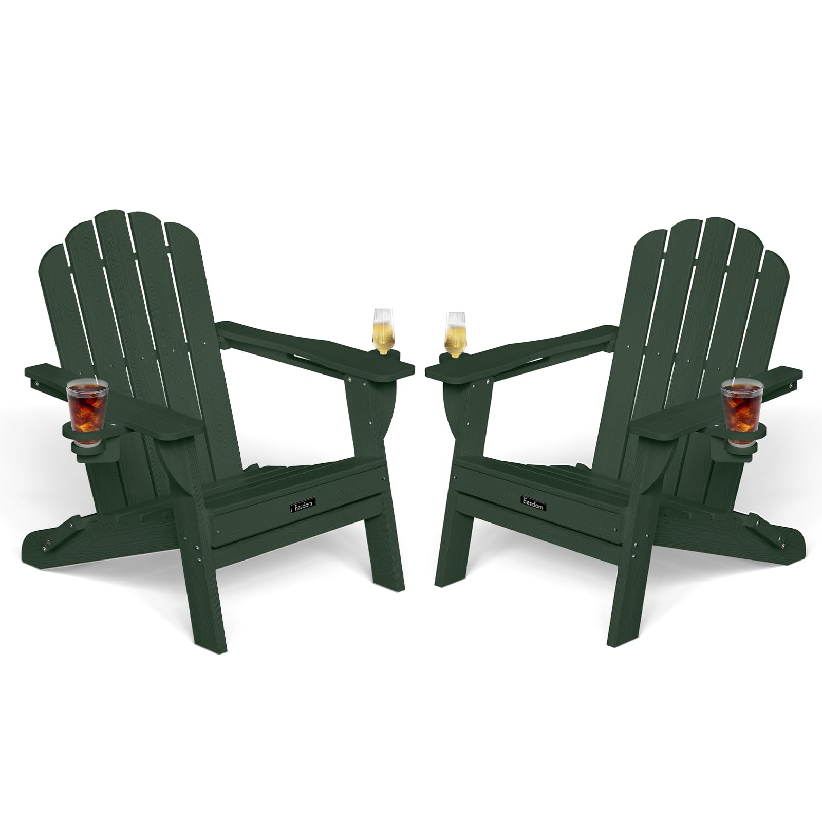 Folding Adirondack Chair,All-Weather HDPE Fire Pit Chair with 2 Cup Holders, Plastic Outdoor Chair for Patio Deck Garden Lawn, Black