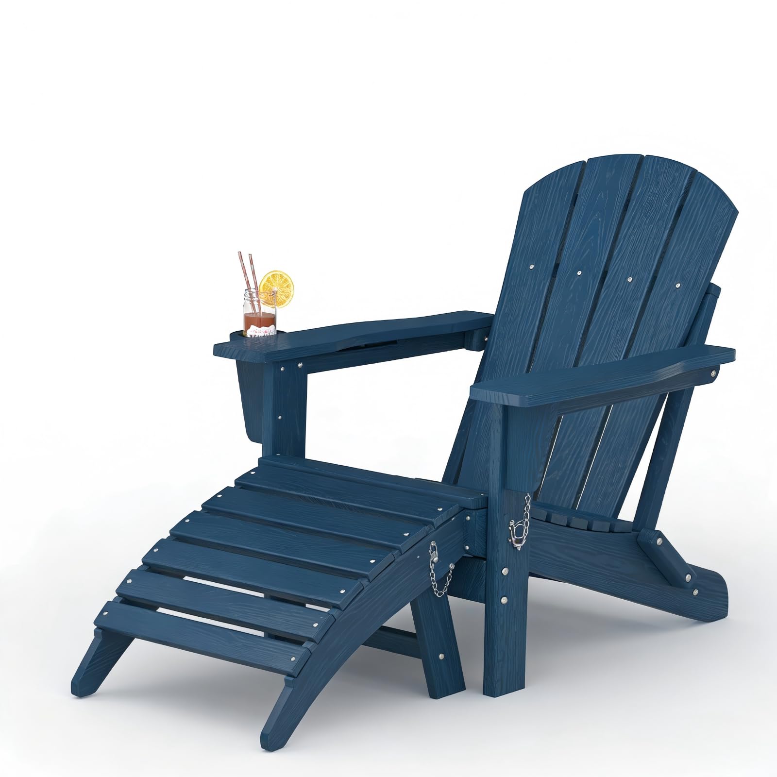 GarveeLife Folding Adirondack Chair Set of 2, All-Weather HDPE Outdoor Chair, Wooden Textured with Cup Holder for patios, Decks, Gardens, fire pits, Navy Blue