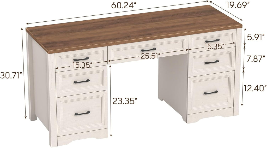 Vabches Farmhouse Executive Desk, Wood Home Office Desk with 2 Large File Drawers and 5 Storage Cabinets, Rustic Writing Desk for Work and Study, Brown