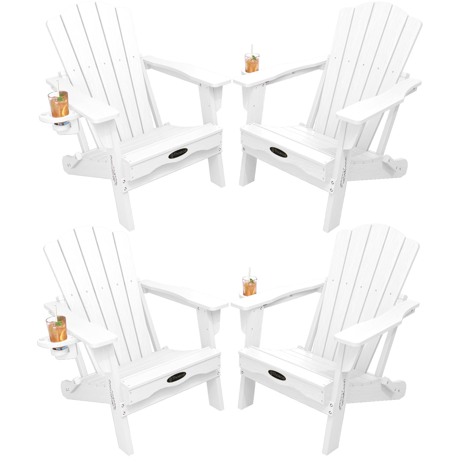 THOEOE Folding Adirondack Chair,HDPE All-Weather Outdoor Chair with Cup Holder,Wooden Textured,Fire Pit Chair,Plastic Patio Chair for Deck,Backyard,Garden,Lawn, Black