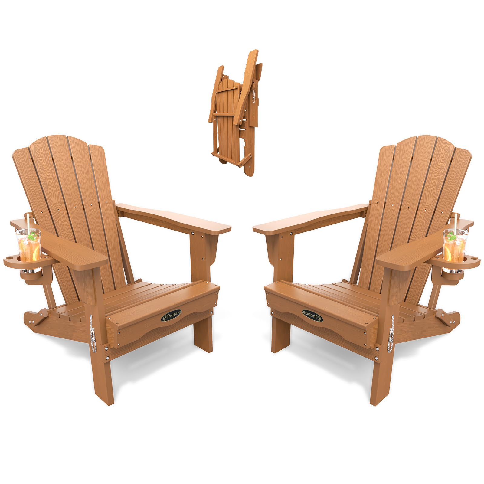 THOEOE Folding Adirondack Chair,HDPE All-Weather Outdoor Chair with Cup Holder,Wooden Textured,Fire Pit Chair,Plastic Patio Chair for Deck,Backyard,Garden,Lawn, Black