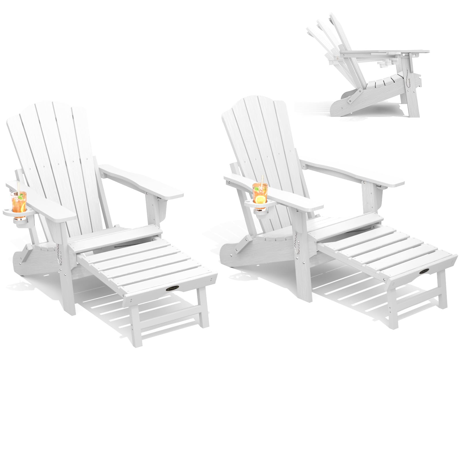 THOEOE Adjustable Adirondack Chair with Retractable Ottoman, HDEP Folding Adirondack Chairs with Footrest 2-in-1 Cup Holder, All Weather Outoor Fire Pit Chair with Foot Rest Set 1 Black