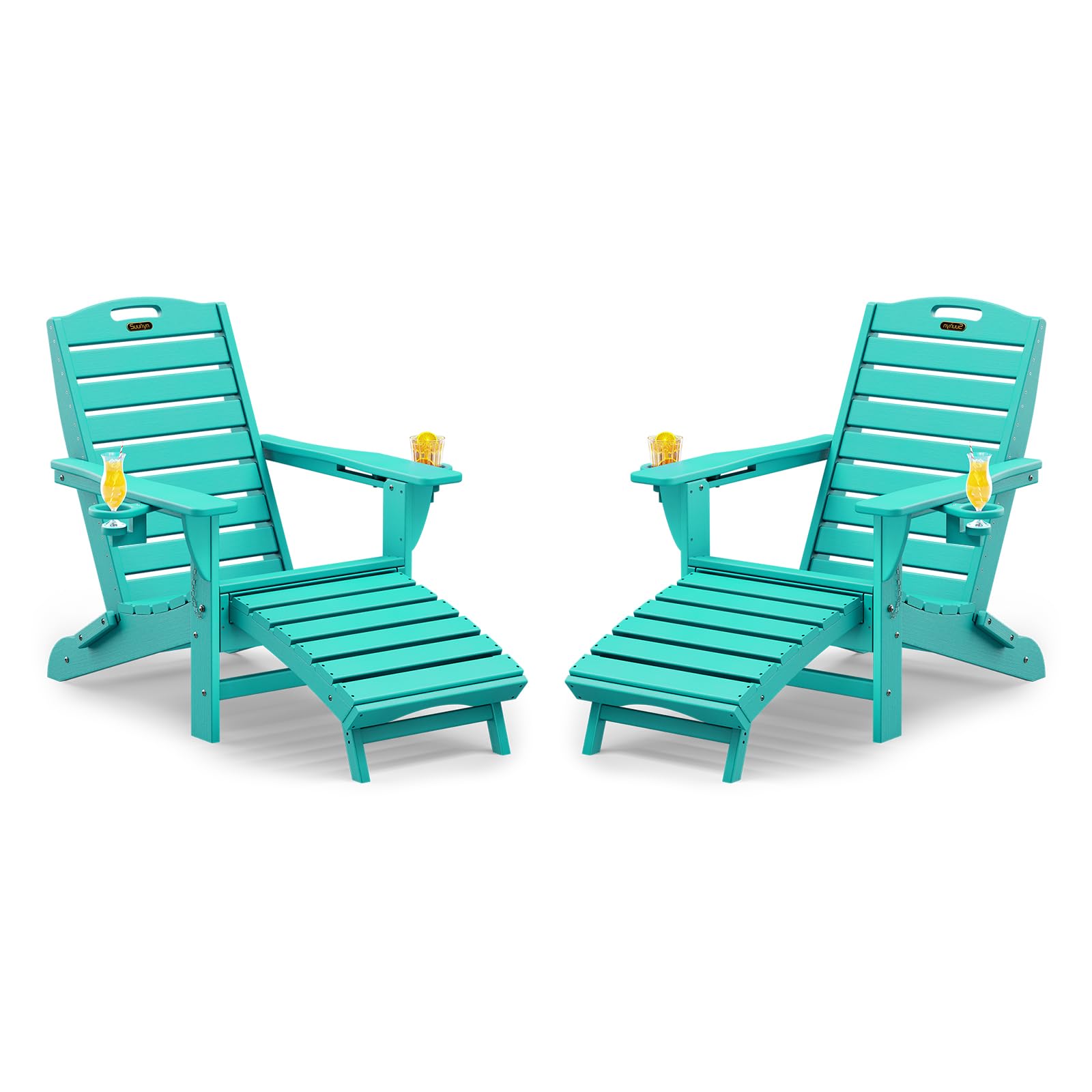 Folding Adirondack Chair with Retractable Ottoman, Weather Resistant Fire Pit Chair Patio Chair with 2 Cup Holder Lawn Outdoor Lounge Chair (Grey)