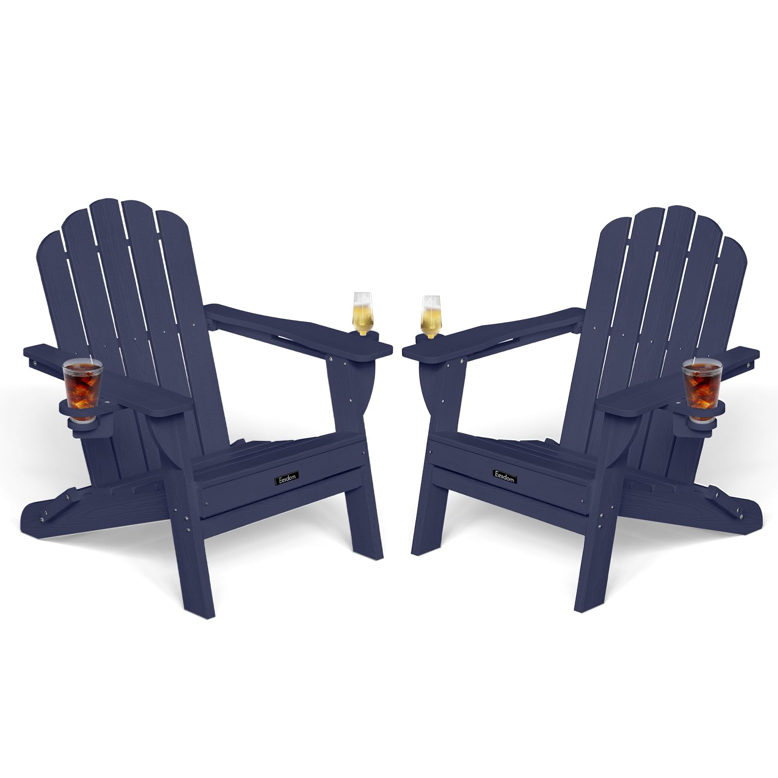 Folding Adirondack Chair,All-Weather HDPE Fire Pit Chair with 2 Cup Holders, Plastic Outdoor Chair for Patio Deck Garden Lawn, Black