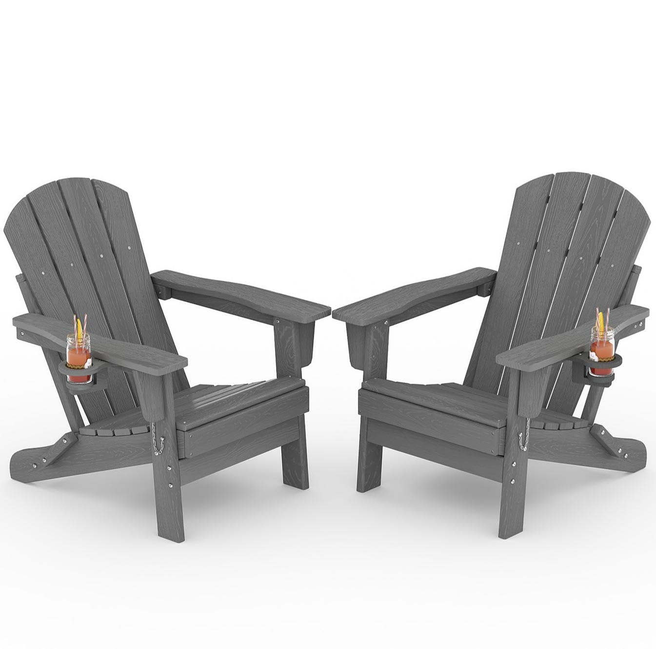 GarveeLife Folding Adirondack Chair Set of 2, All-Weather HDPE Outdoor Chair, Wooden Textured with Cup Holder for patios, Decks, Gardens, fire pits, Navy Blue