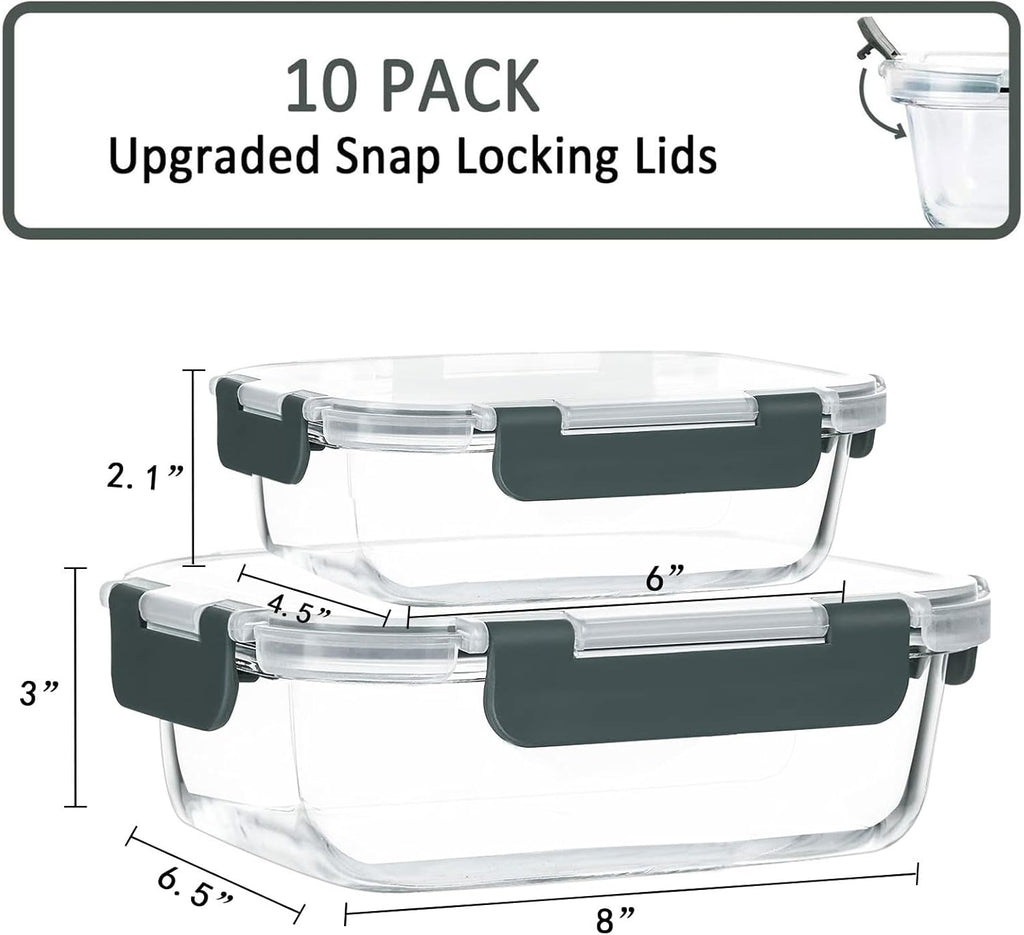 [10-Pack] Glass Meal Prep Containers with Lids, MCIRCO Food Storage Containers with Snap Locking Lids, Airtight Lunch Containers, Microwave, Oven, Freezer and Dishwasher