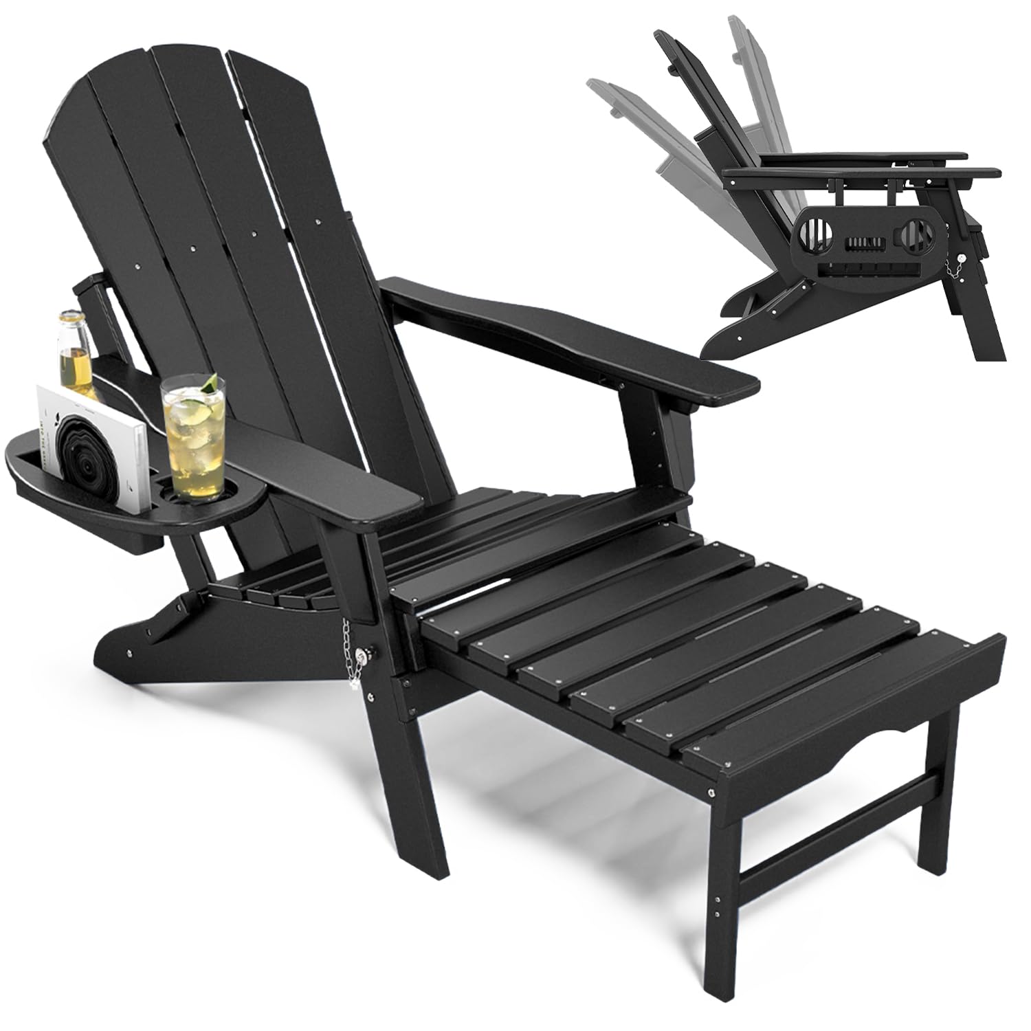 NAVINE Adjustable Adirondack Chair with Retractable Ottoman Set of 2, HDPE Folding Adirondack Chair with Cup Holder, All Weather Fire Pit Chair for Outdoor.