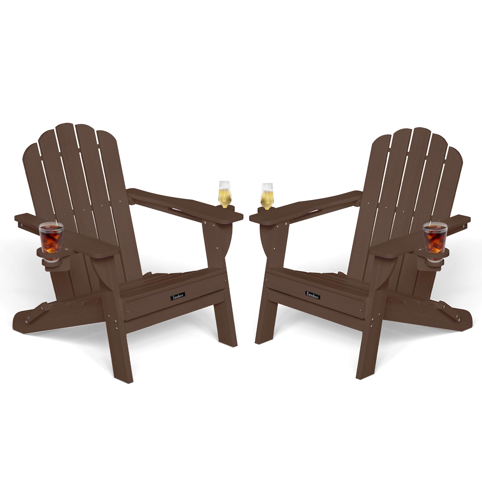 Folding Adirondack Chair,All-Weather HDPE Fire Pit Chair with 2 Cup Holders, Plastic Outdoor Chair for Patio Deck Garden Lawn, Black