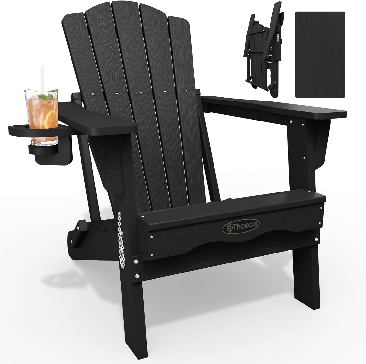 THOEOE Folding Adirondack Chair,HDPE All-Weather Outdoor Chair with Cup Holder,Wooden Textured,Fire Pit Chair,Plastic Patio Chair for Deck,Backyard,Garden,Lawn, Black