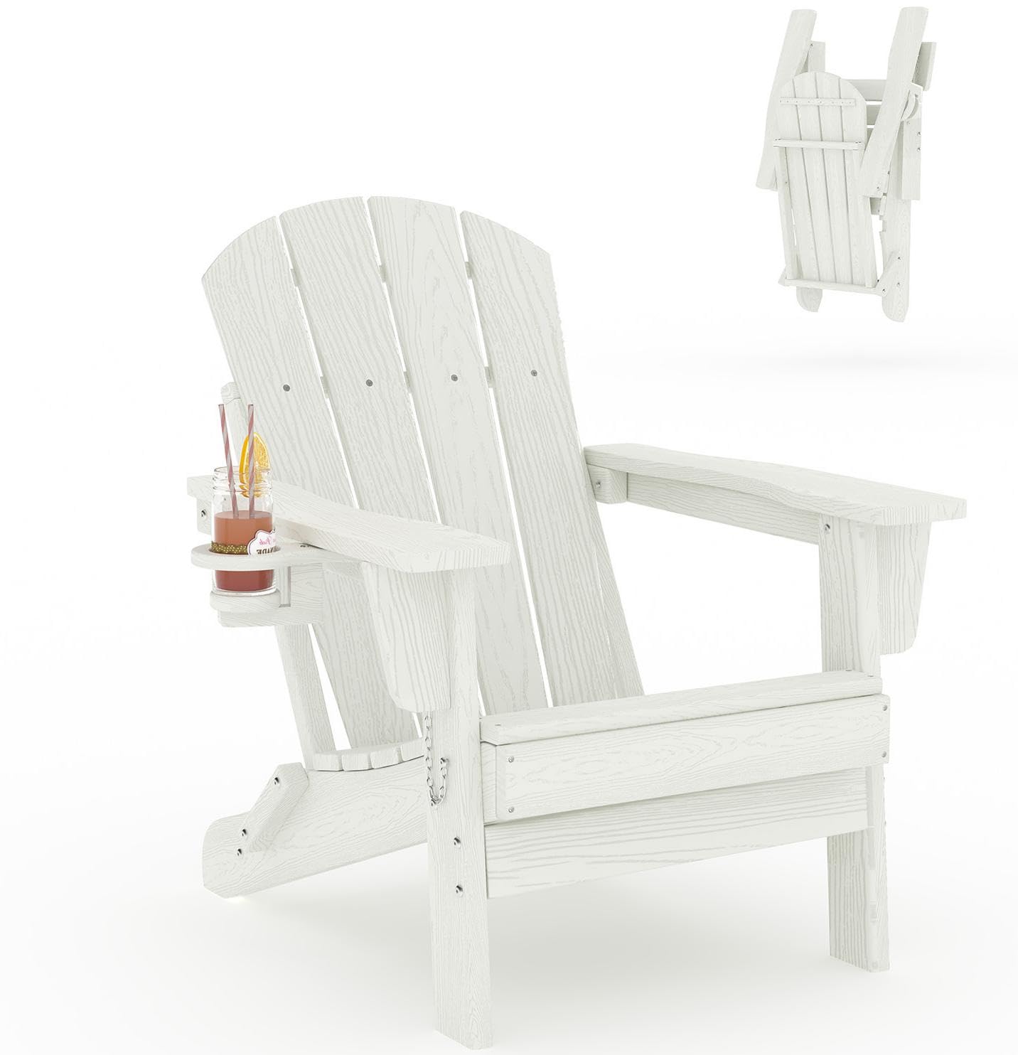 GarveeLife Folding Adirondack Chair Set of 2, All-Weather HDPE Outdoor Chair, Wooden Textured with Cup Holder for patios, Decks, Gardens, fire pits, Navy Blue