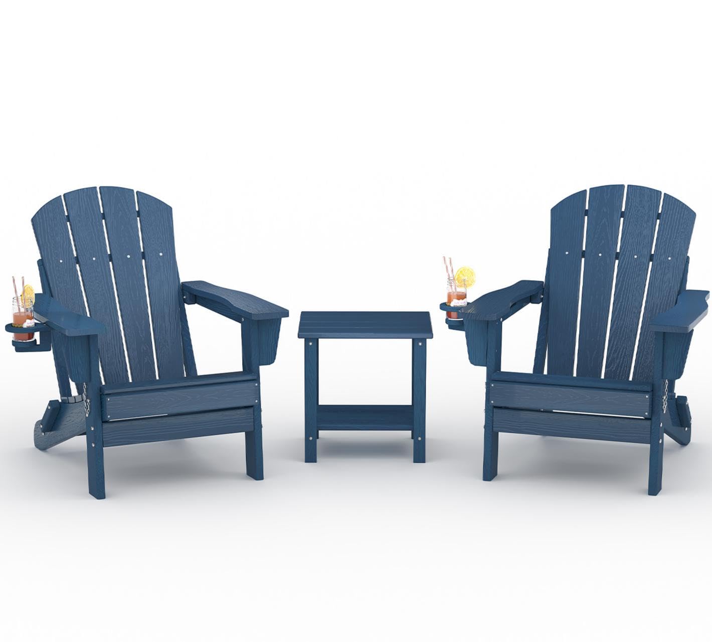 GarveeLife Folding Adirondack Chair Set of 2, All-Weather HDPE Outdoor Chair, Wooden Textured with Cup Holder for patios, Decks, Gardens, fire pits, Navy Blue