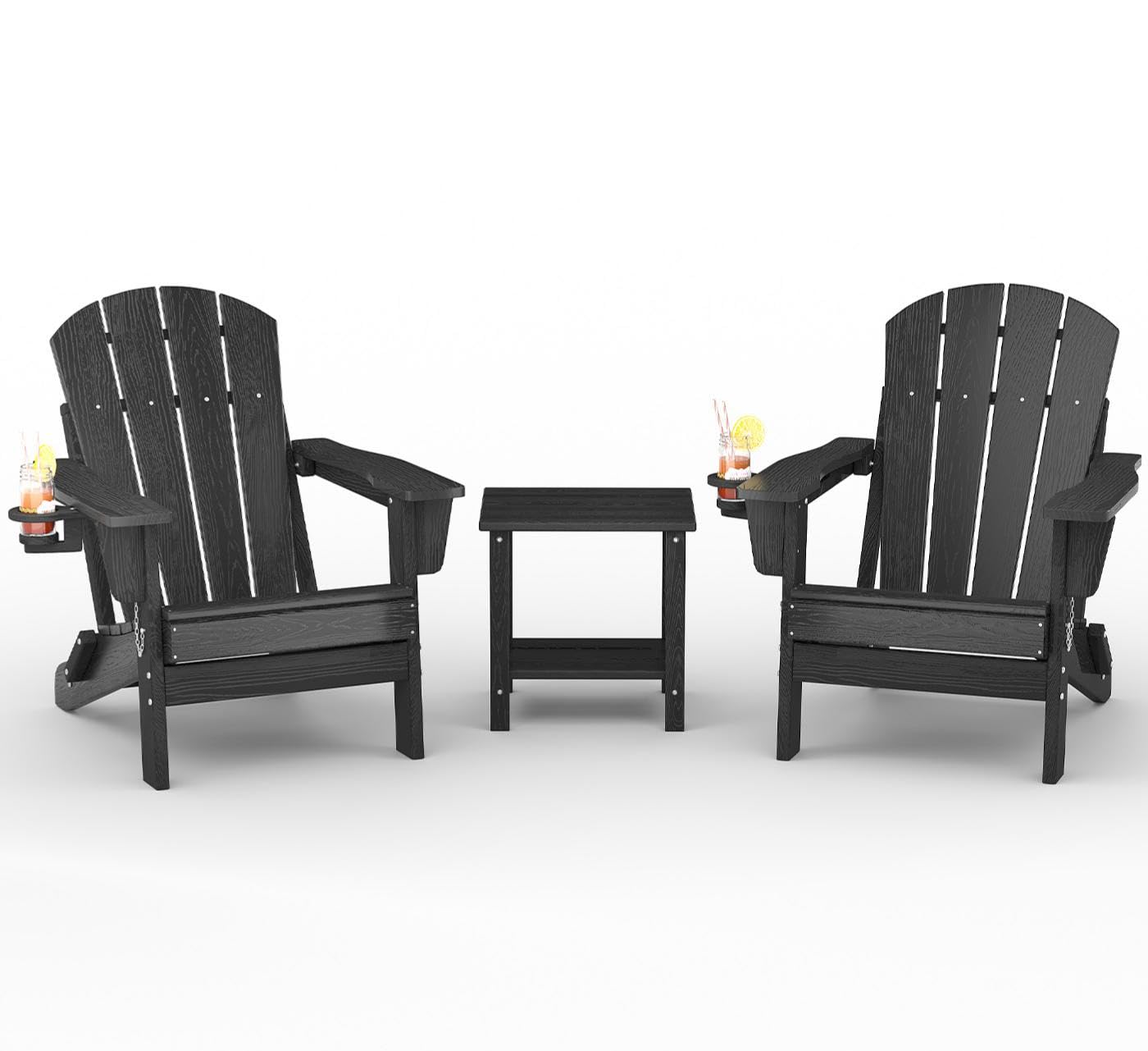 GarveeLife Folding Adirondack Chair Set of 2, All-Weather HDPE Outdoor Chair, Wooden Textured with Cup Holder for patios, Decks, Gardens, fire pits, Navy Blue