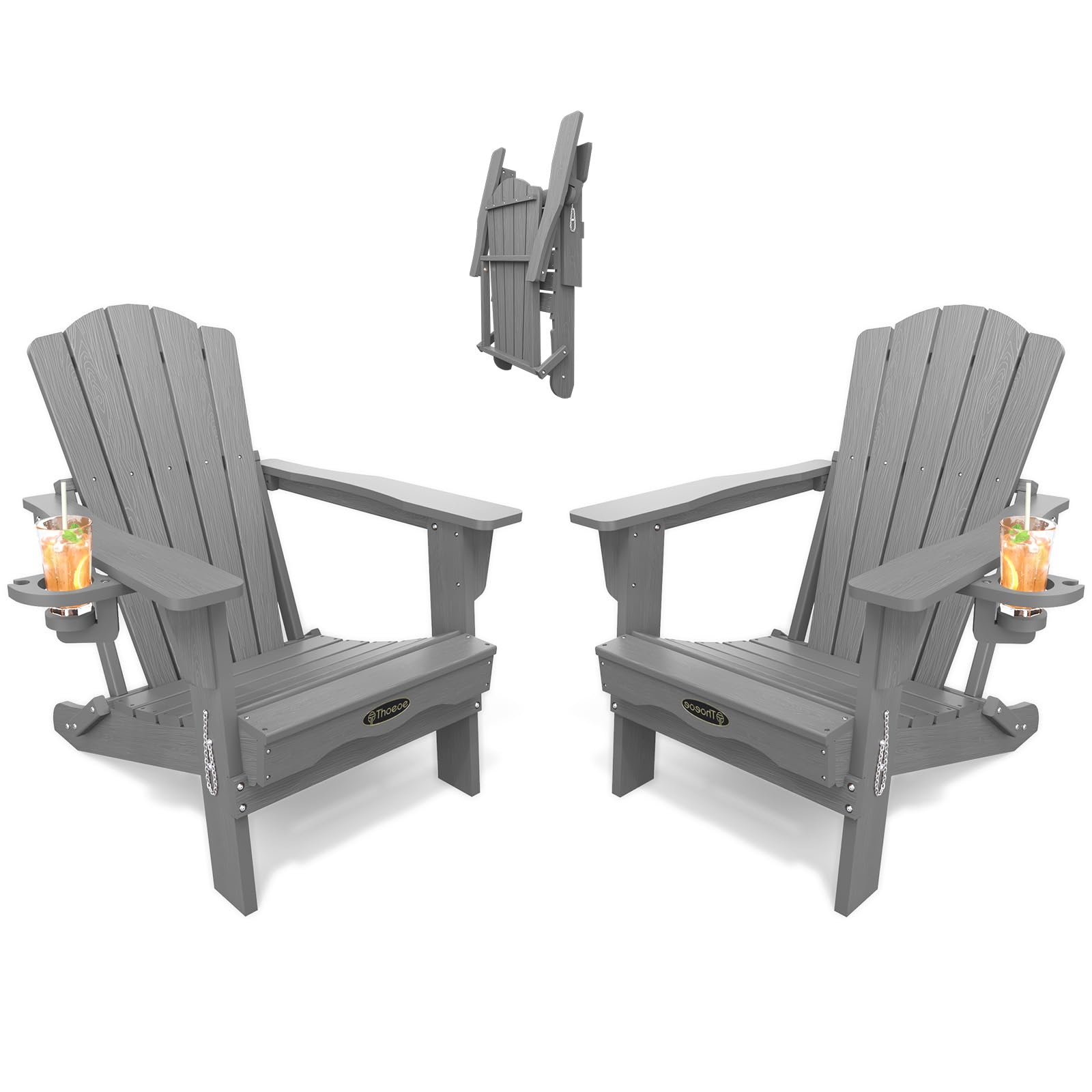 THOEOE Folding Adirondack Chair,HDPE All-Weather Outdoor Chair with Cup Holder,Wooden Textured,Fire Pit Chair,Plastic Patio Chair for Deck,Backyard,Garden,Lawn, Black