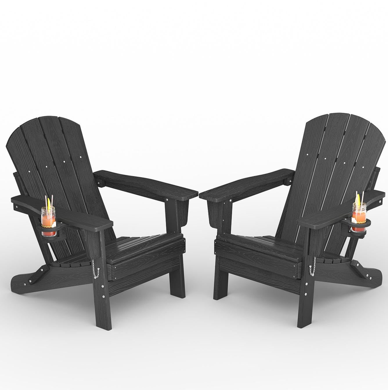 GarveeLife Folding Adirondack Chair Set of 2, All-Weather HDPE Outdoor Chair, Wooden Textured with Cup Holder for patios, Decks, Gardens, fire pits, Navy Blue