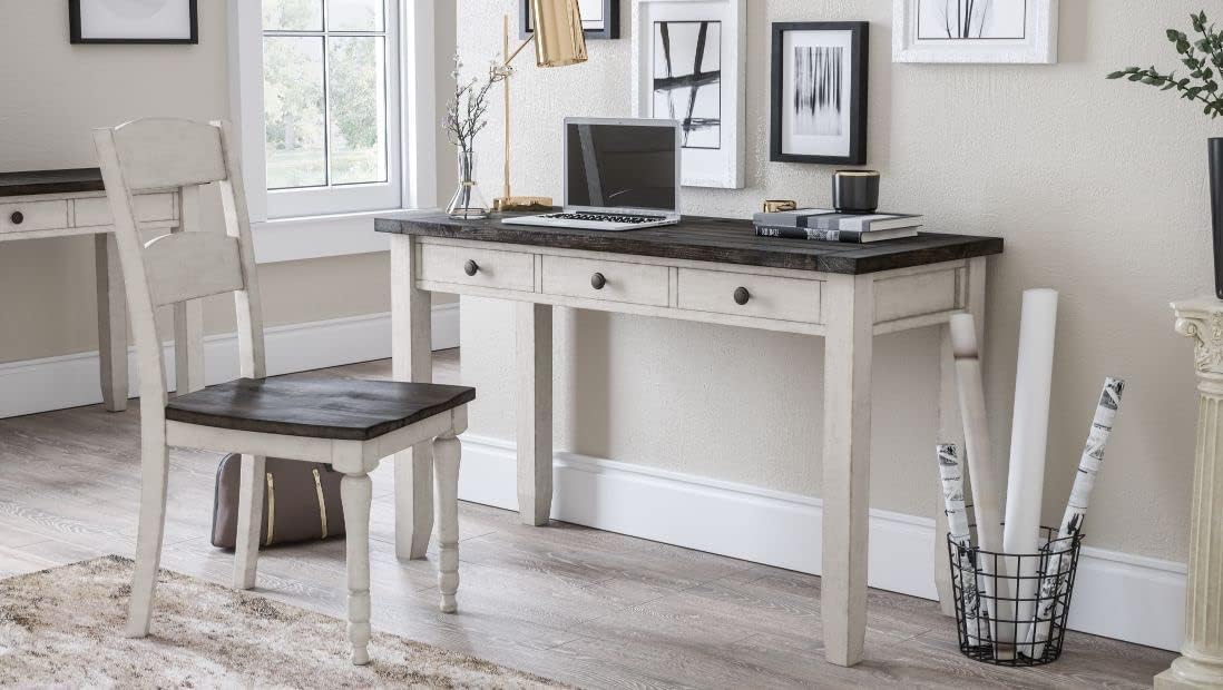 Jofran Madison County Solid Pine Wood Farmhouse Desk with USB Charging, Rustic Writing Desk for Home Office, Vintage White